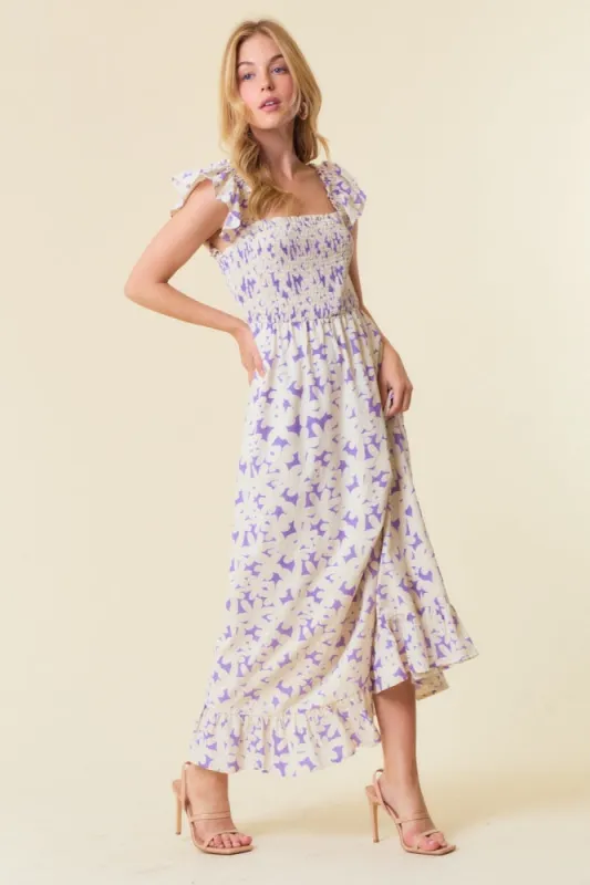 Lavender Floral Print Smocked Ruffle Sleeve Maxi Dress sold by Pinkblush