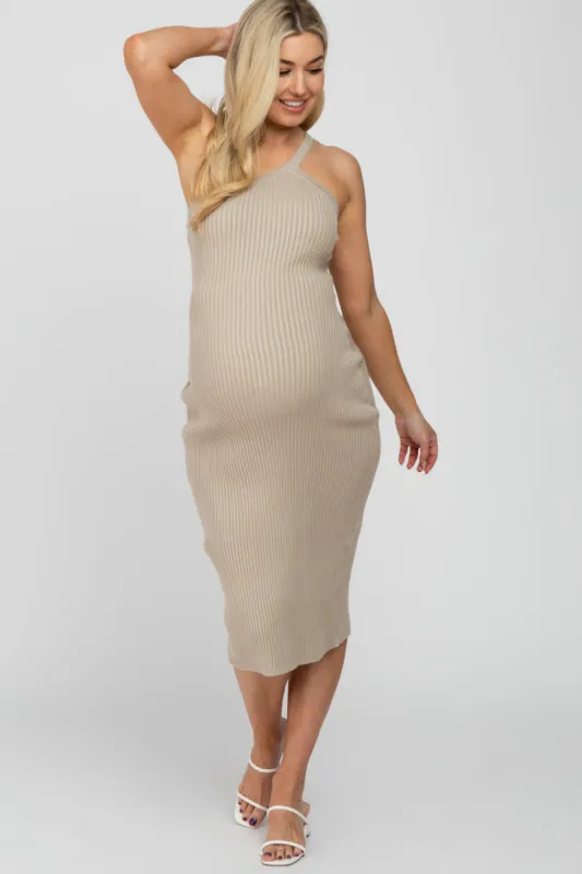 Beige Ribbed One Shoulder Maternity Sweater Dress sold by Pinkblush