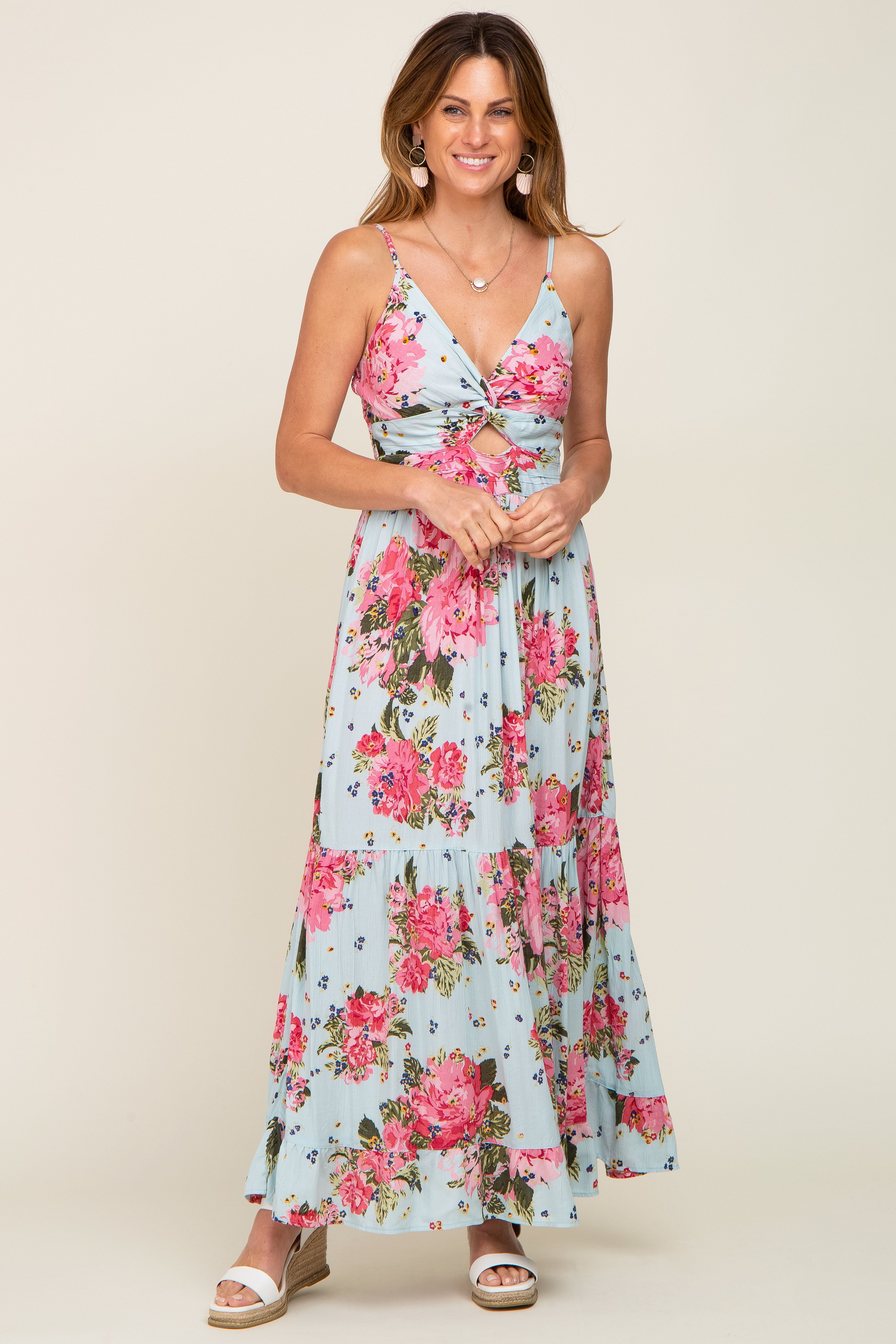 Light Blue Floral Front Twist Maxi Dress sold by Pinkblush