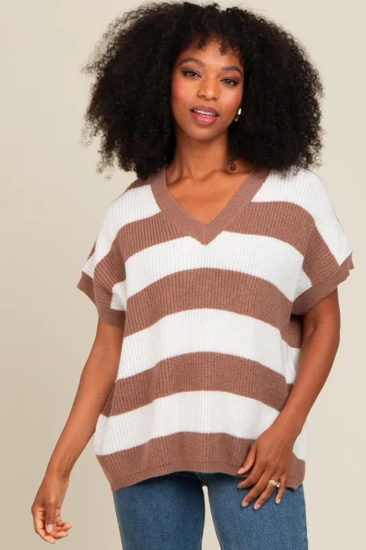 Taupe Striped V-Neck Sweater Top sold by Pinkblush