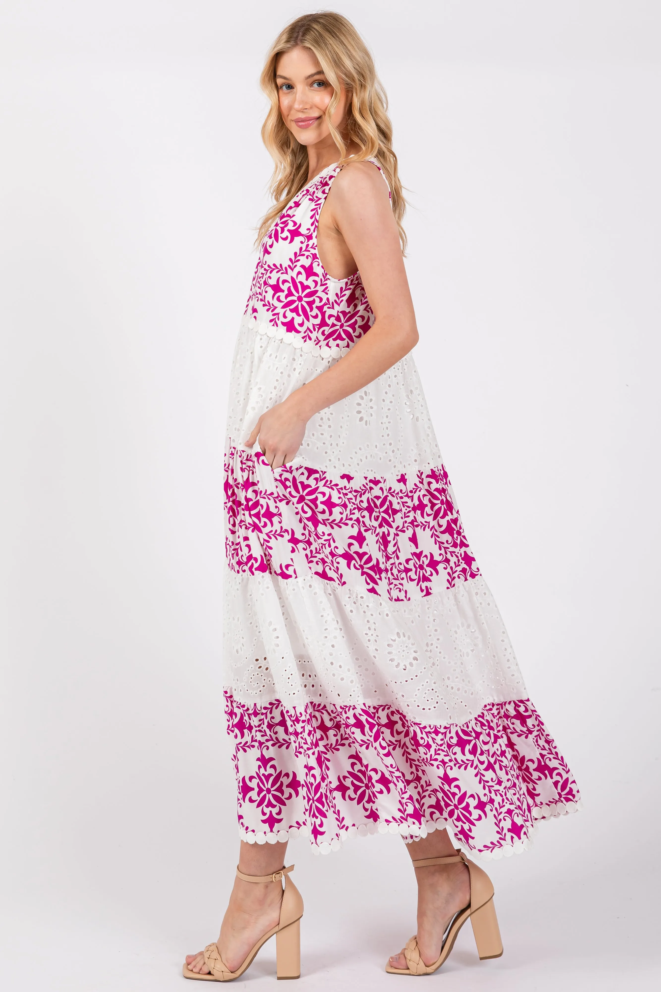 Magenta Printed Eyelet Tiered V-Neckline Sleeveless Dress sold by Pinkblush product image thumbnail 2