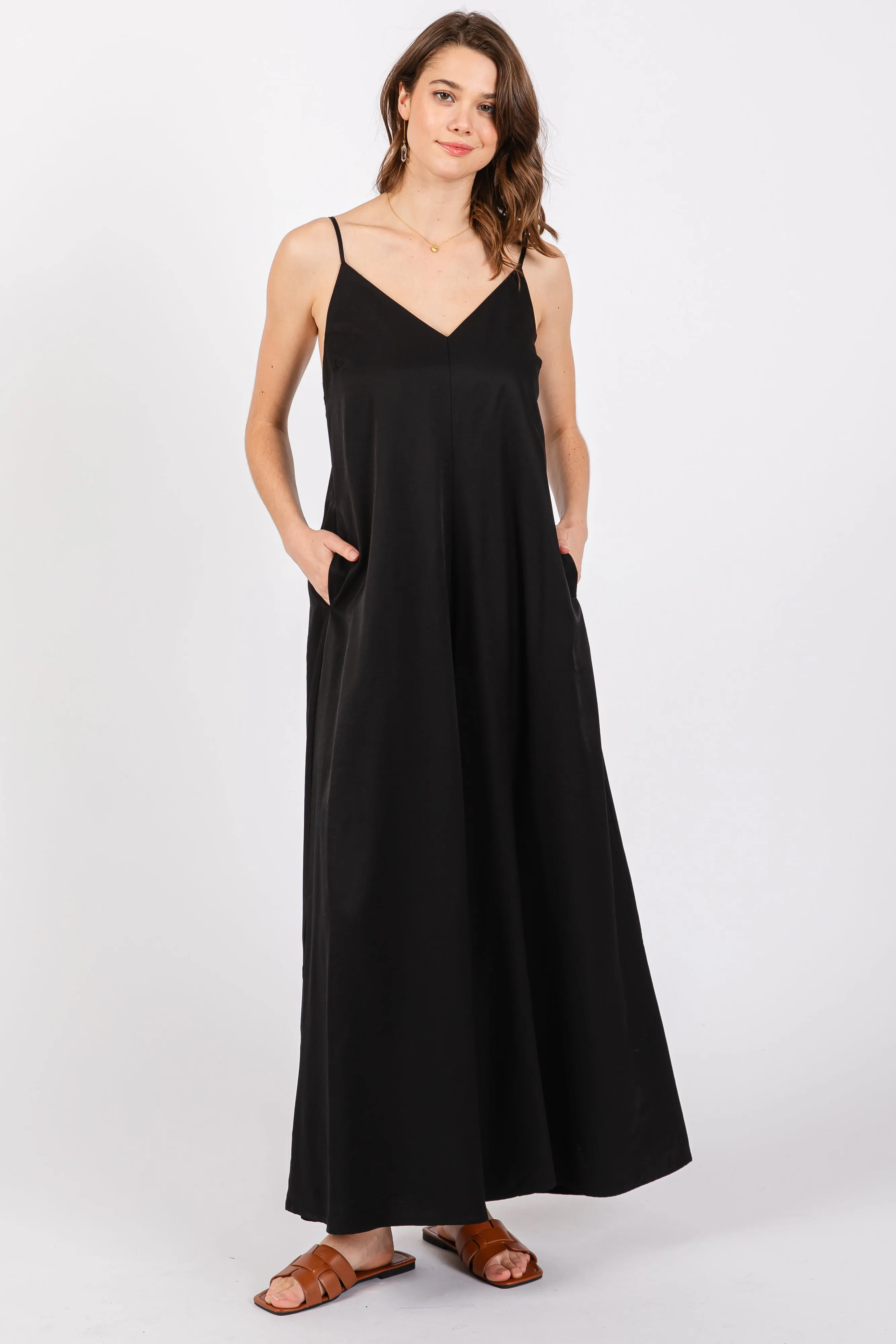 Black V-Neck Sleeveless Wide Leg Jumpsuit sold by Pinkblush