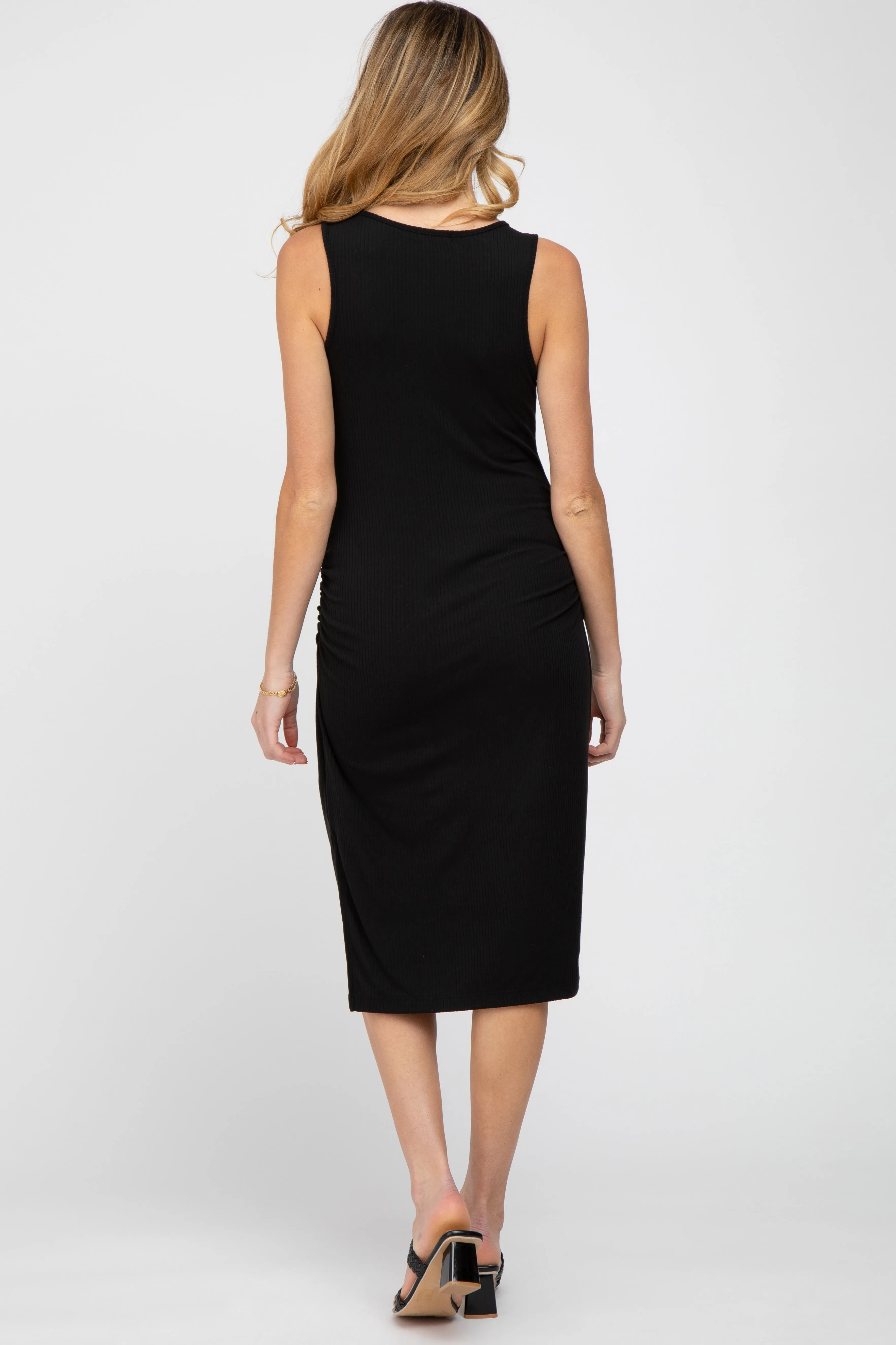 Black Ribbed Ruched Maternity Fitted Midi Dress sold by Pinkblush product image thumbnail 3