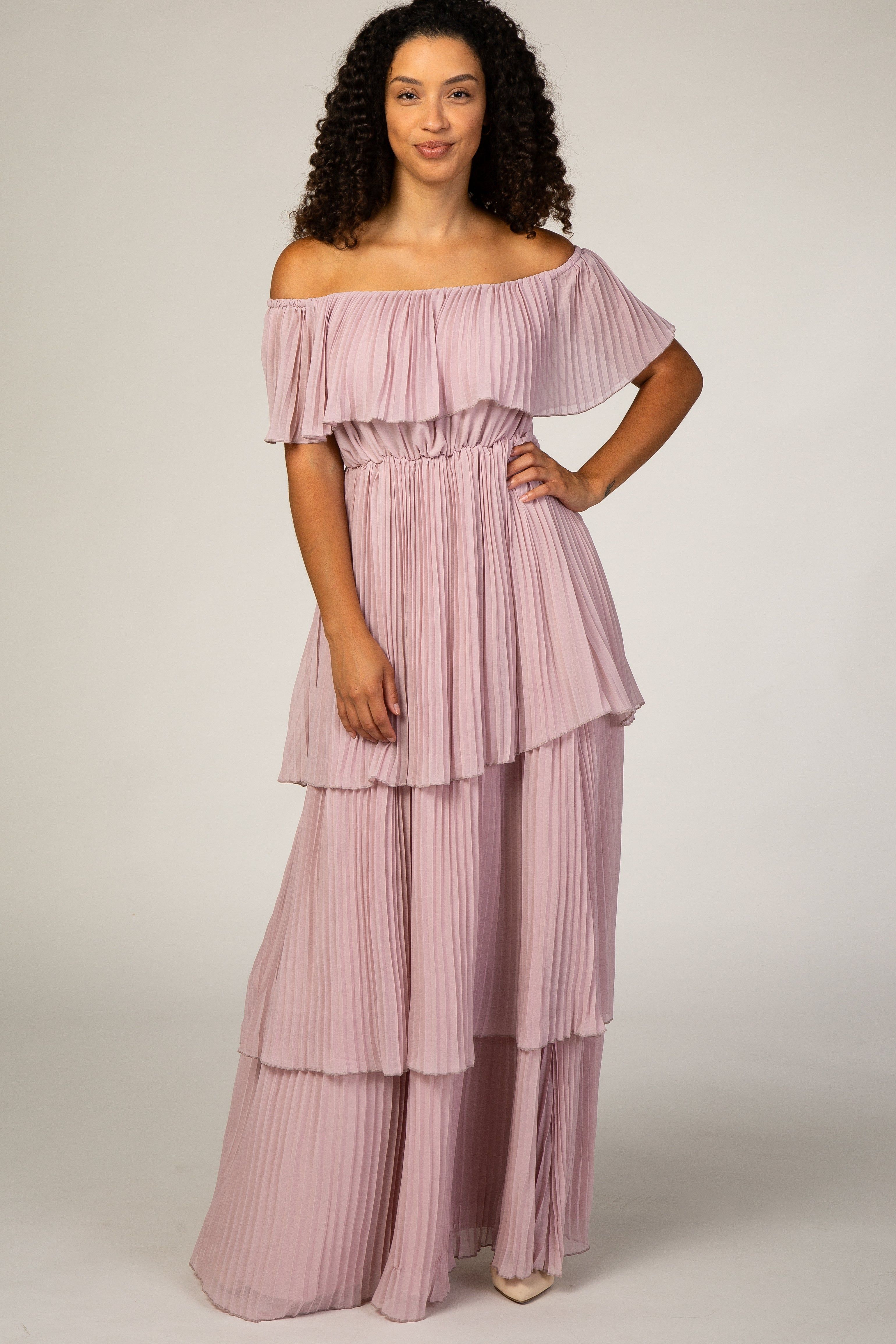 Mauve Pleated Ruffle Tiered Maxi Dress sold by Pinkblush