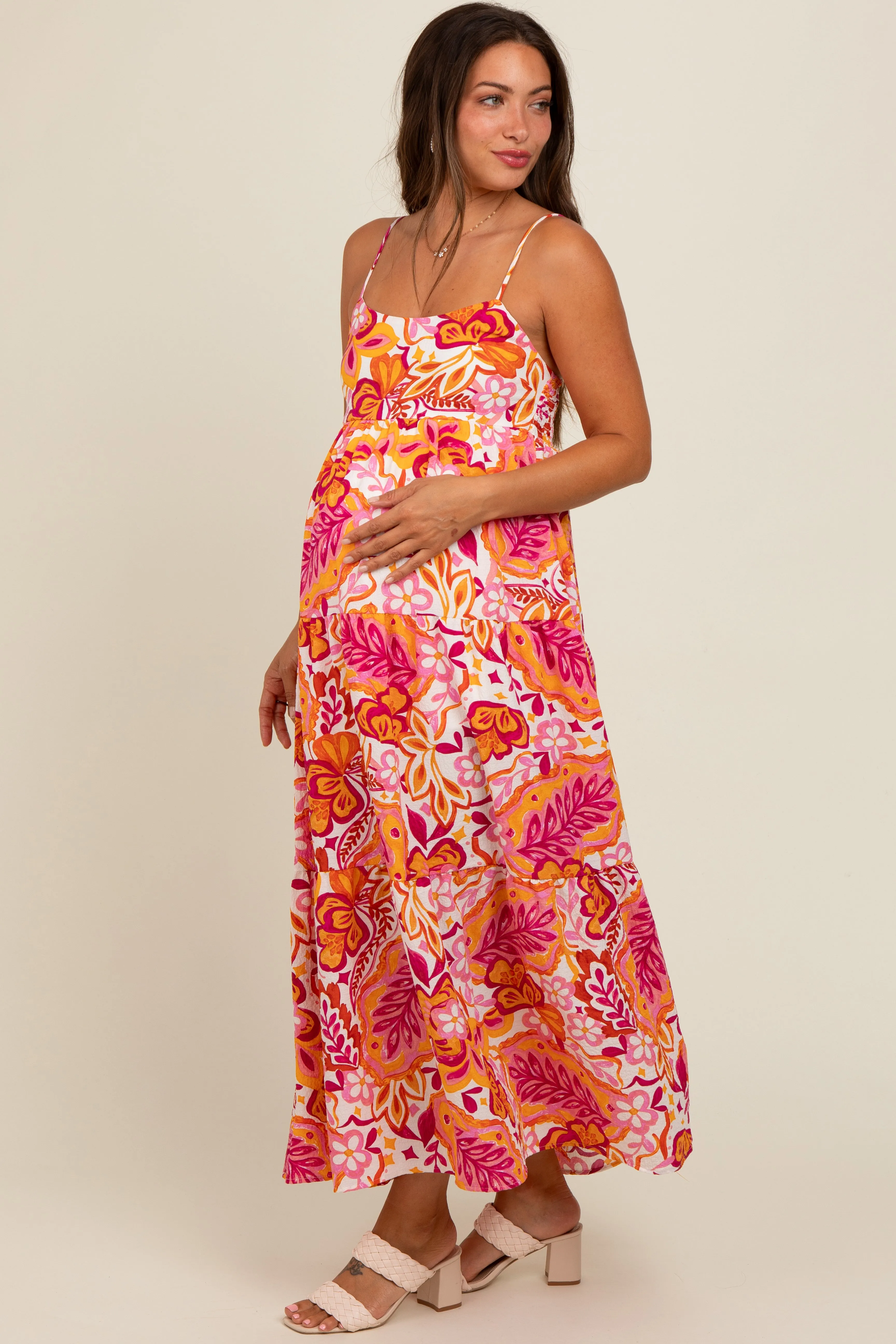 Pink Floral Tiered Maternity Maxi Dress sold by Pinkblush