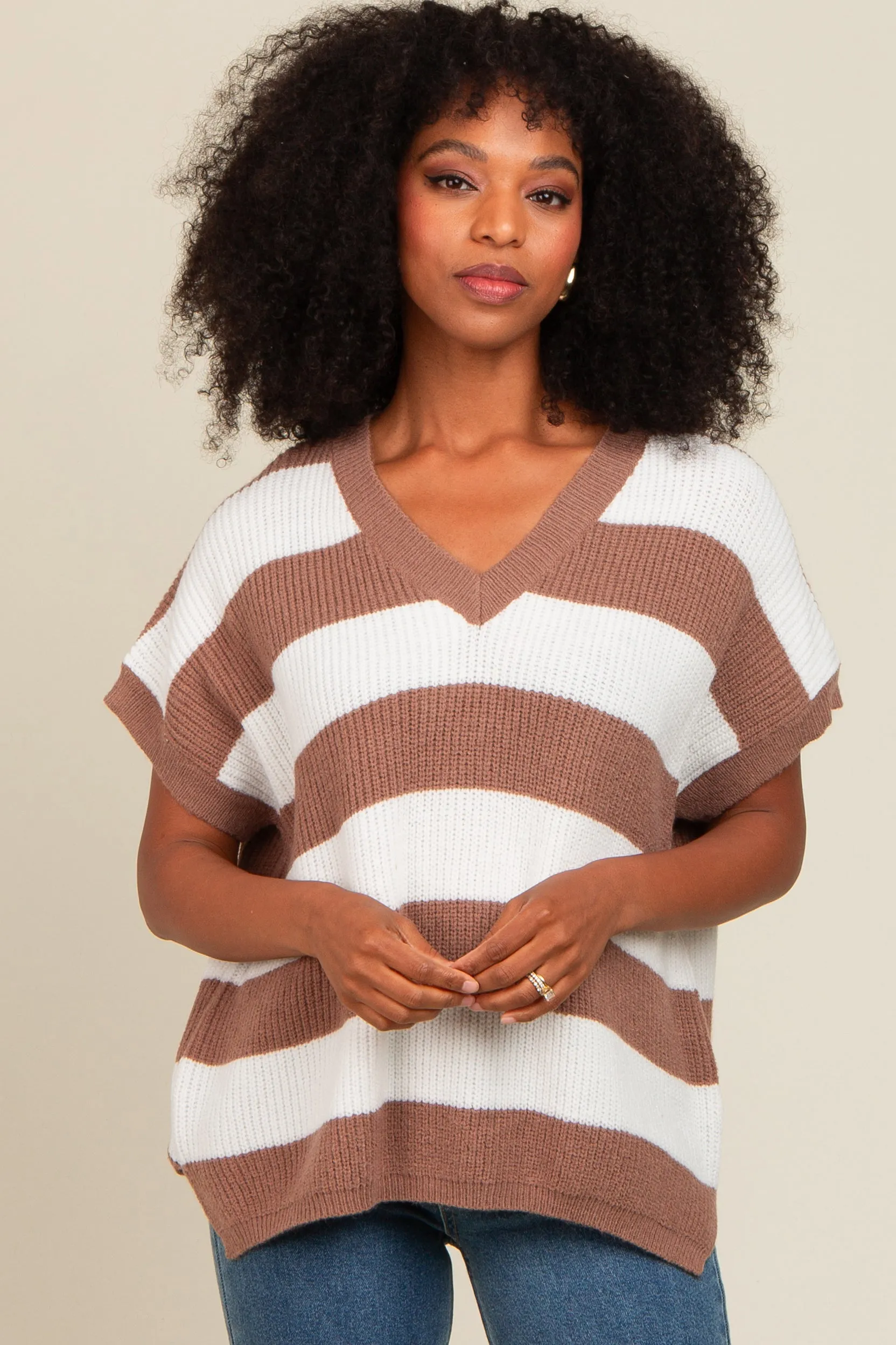 Taupe Striped V-Neck Sweater Top sold by Pinkblush product image thumbnail 2