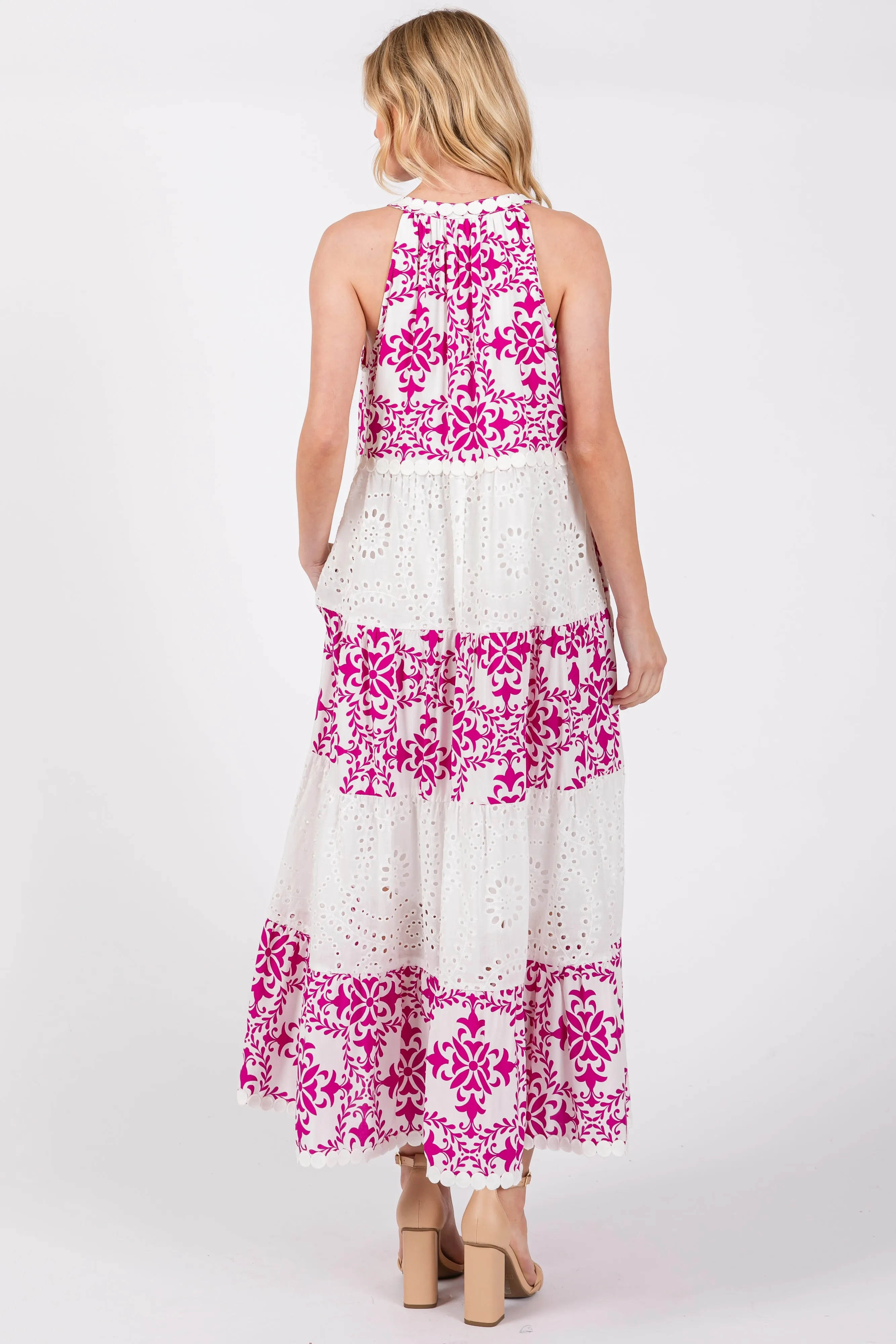 Magenta Printed Eyelet Tiered V-Neckline Sleeveless Dress sold by Pinkblush product image thumbnail 3