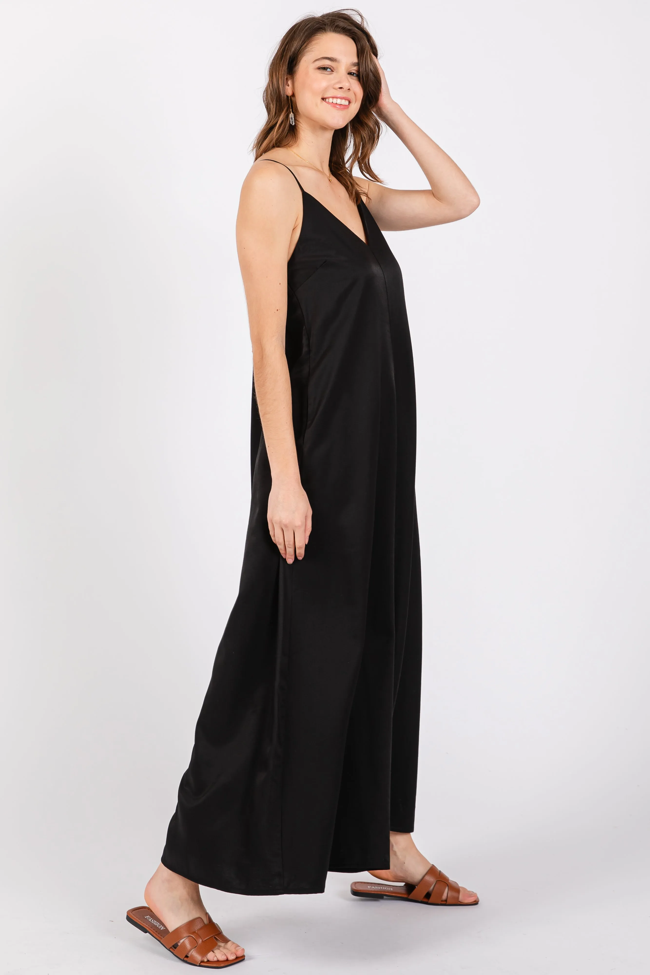 Black V-Neck Sleeveless Wide Leg Jumpsuit sold by Pinkblush product image thumbnail 2