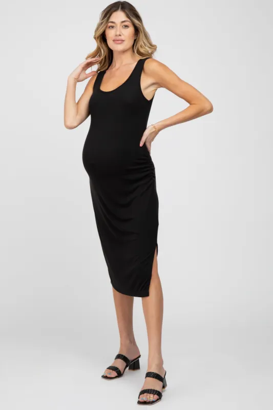 Black Ribbed Ruched Maternity Fitted Midi Dress sold by Pinkblush
