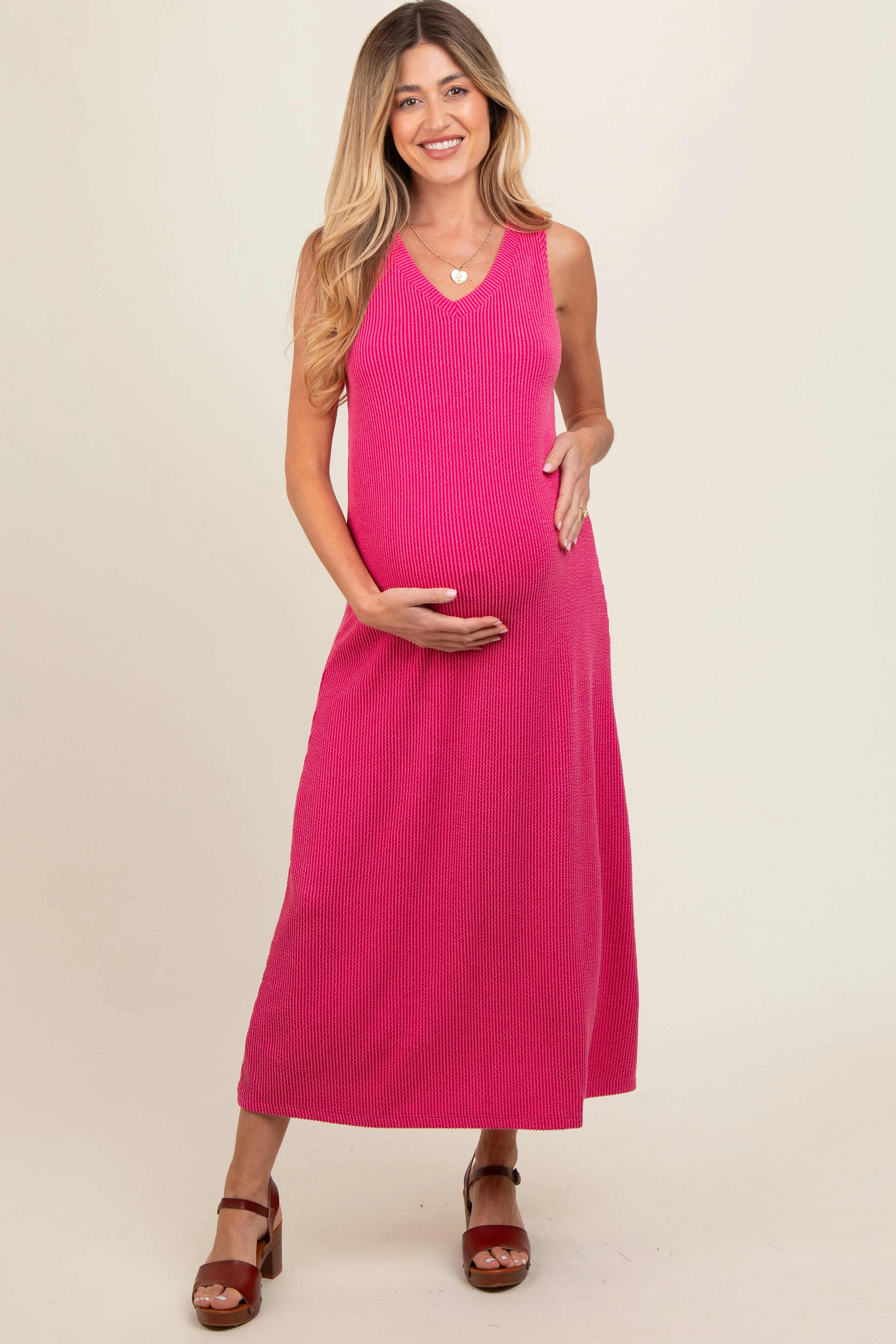 Fuchsia Sleeveless Ribbed Maternity Maxi Dress sold by Pinkblush