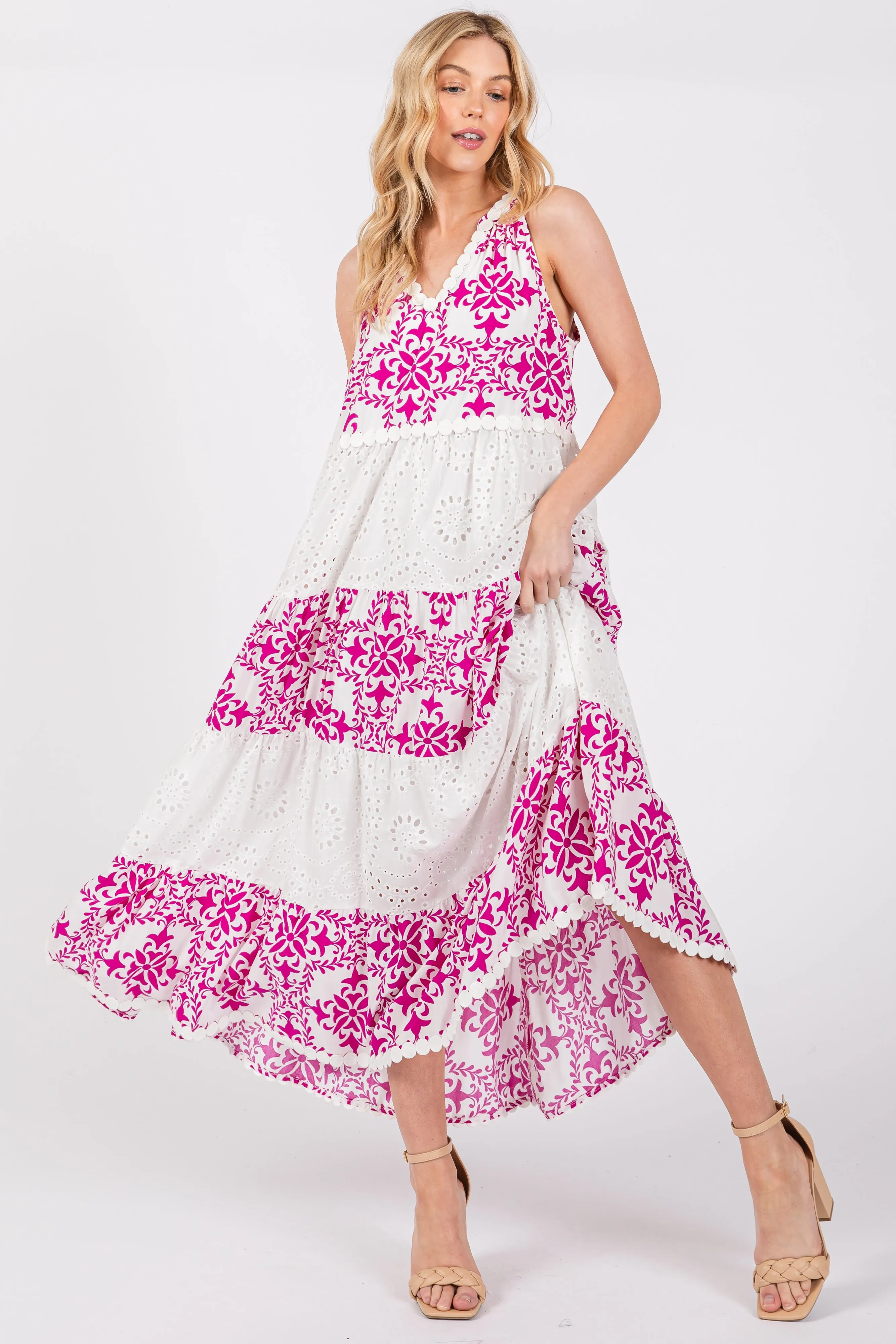 Magenta Printed Eyelet Tiered V-Neckline Sleeveless Dress sold by Pinkblush