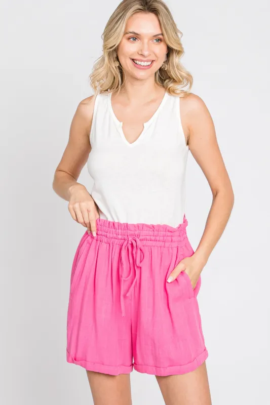 Pink Linen Smocked Waist Shorts sold by Pinkblush