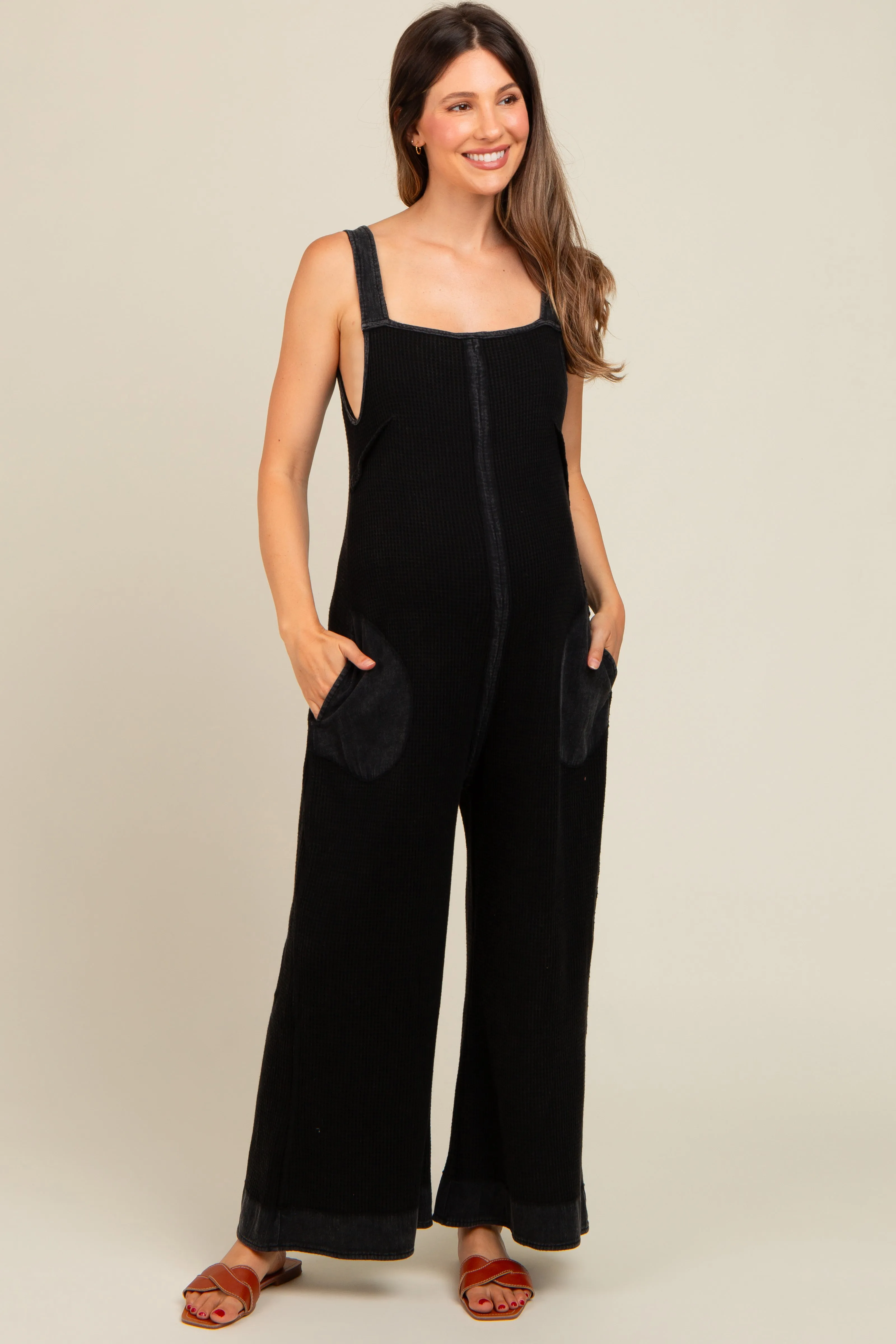 Charcoal Waffle Knit Wide Leg Maternity Jumpsuit sold by Pinkblush product image thumbnail 2