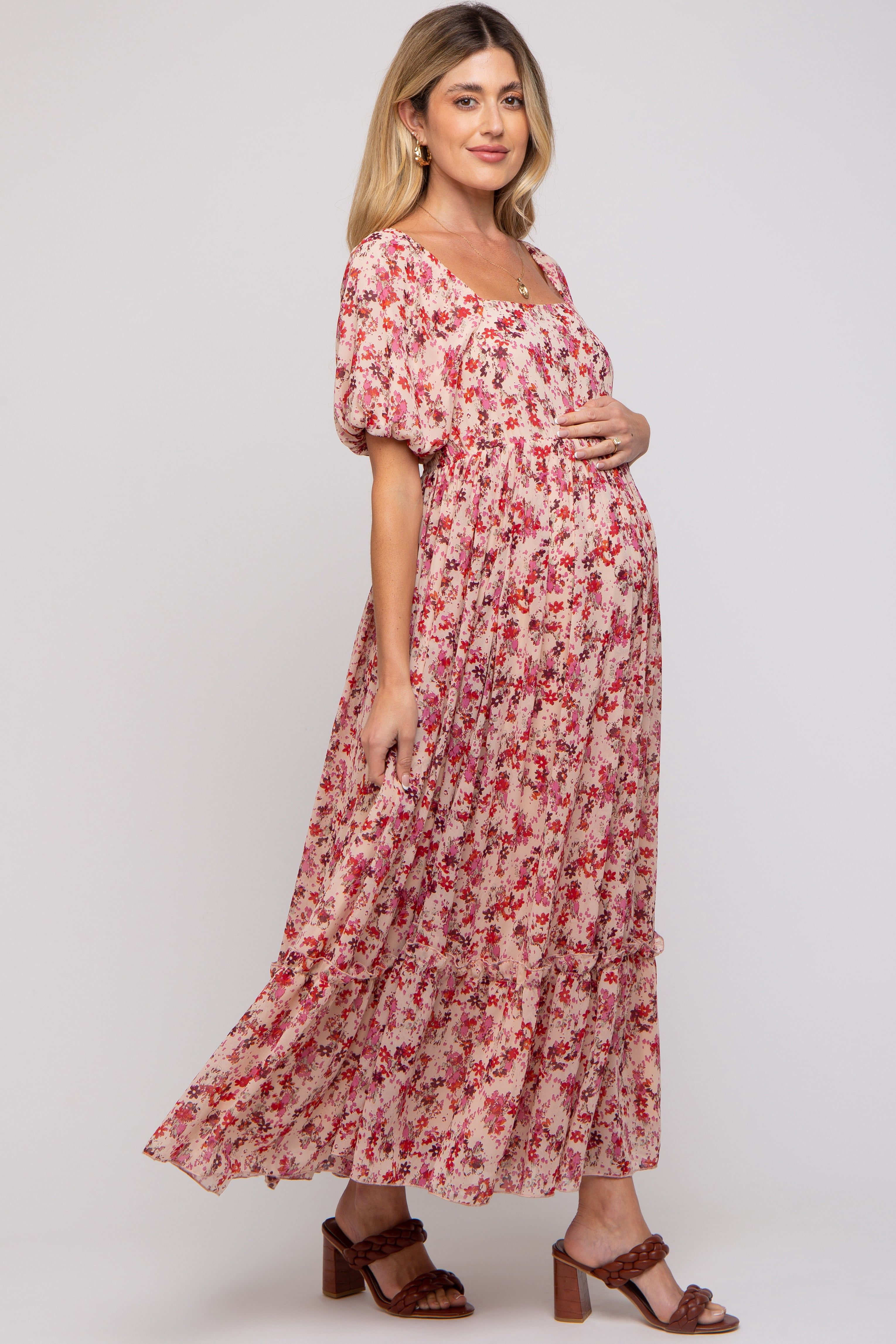 Pink Floral Puff Sleeve Maternity Maxi Dress sold by Pinkblush product image thumbnail 2