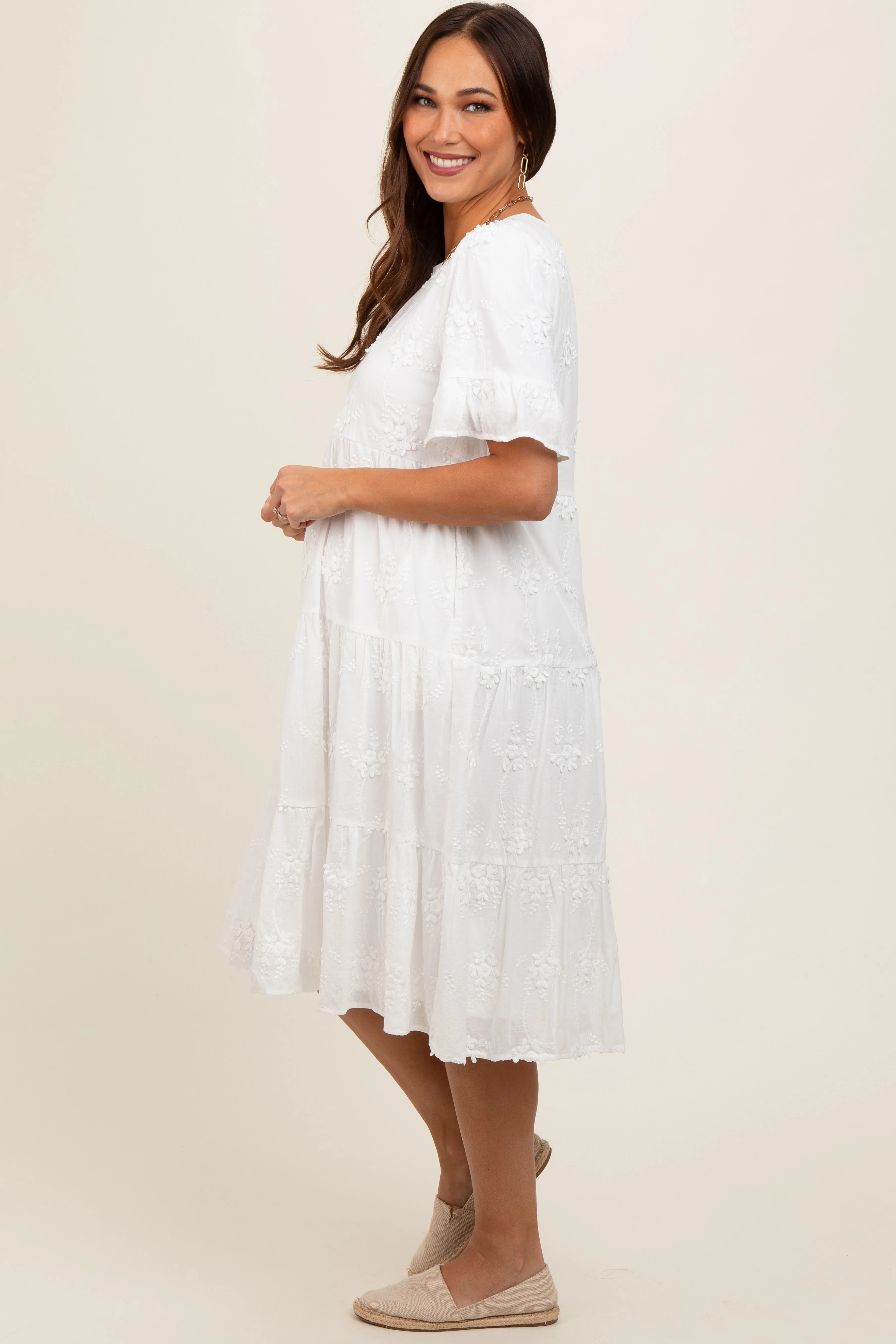 White Floral Embroidered Ruffle Short Sleeve Tiered Maternity Dress sold by Pinkblush product image thumbnail 3