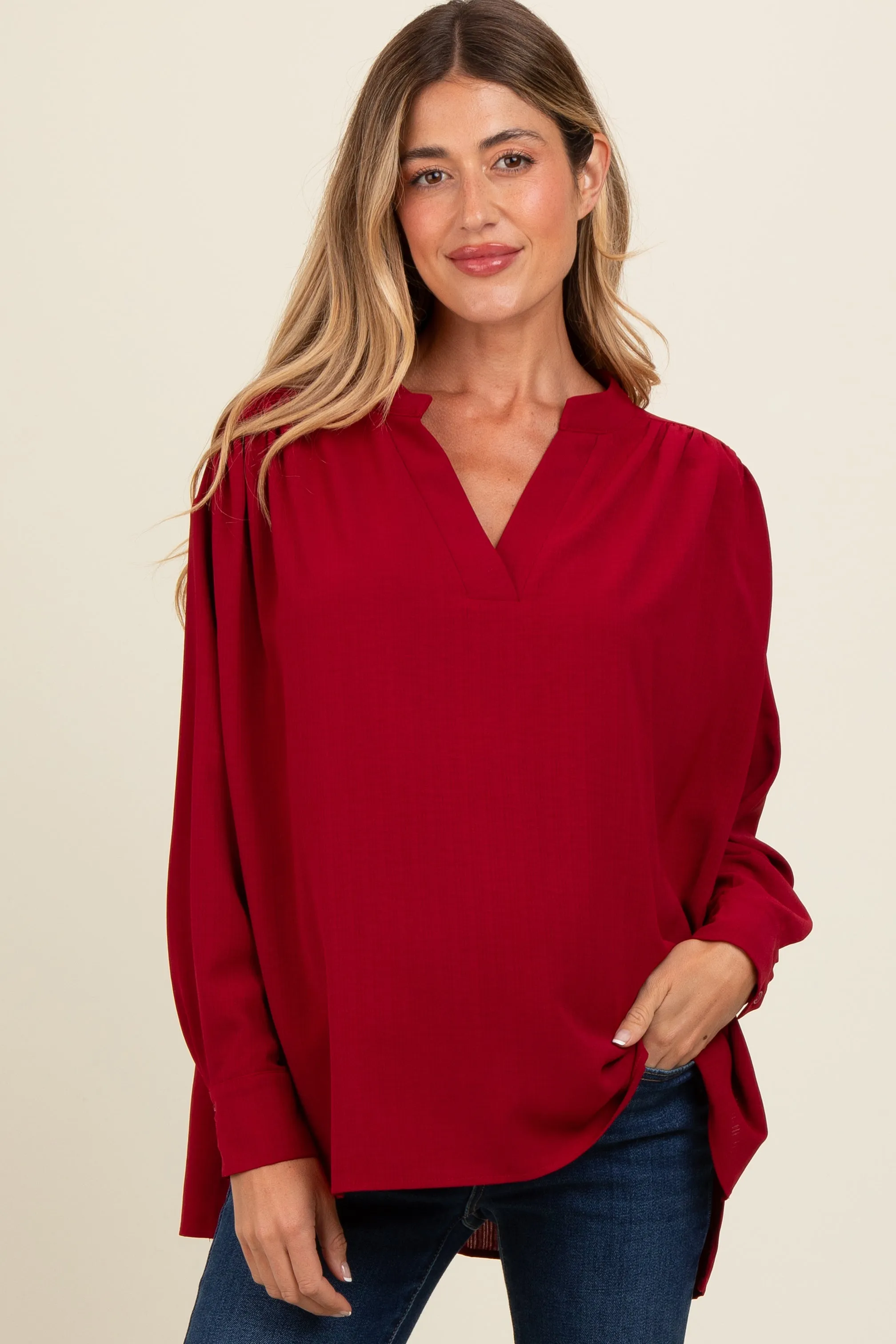 Burgundy V-Neck Maternity Oversized Blouse sold by Pinkblush