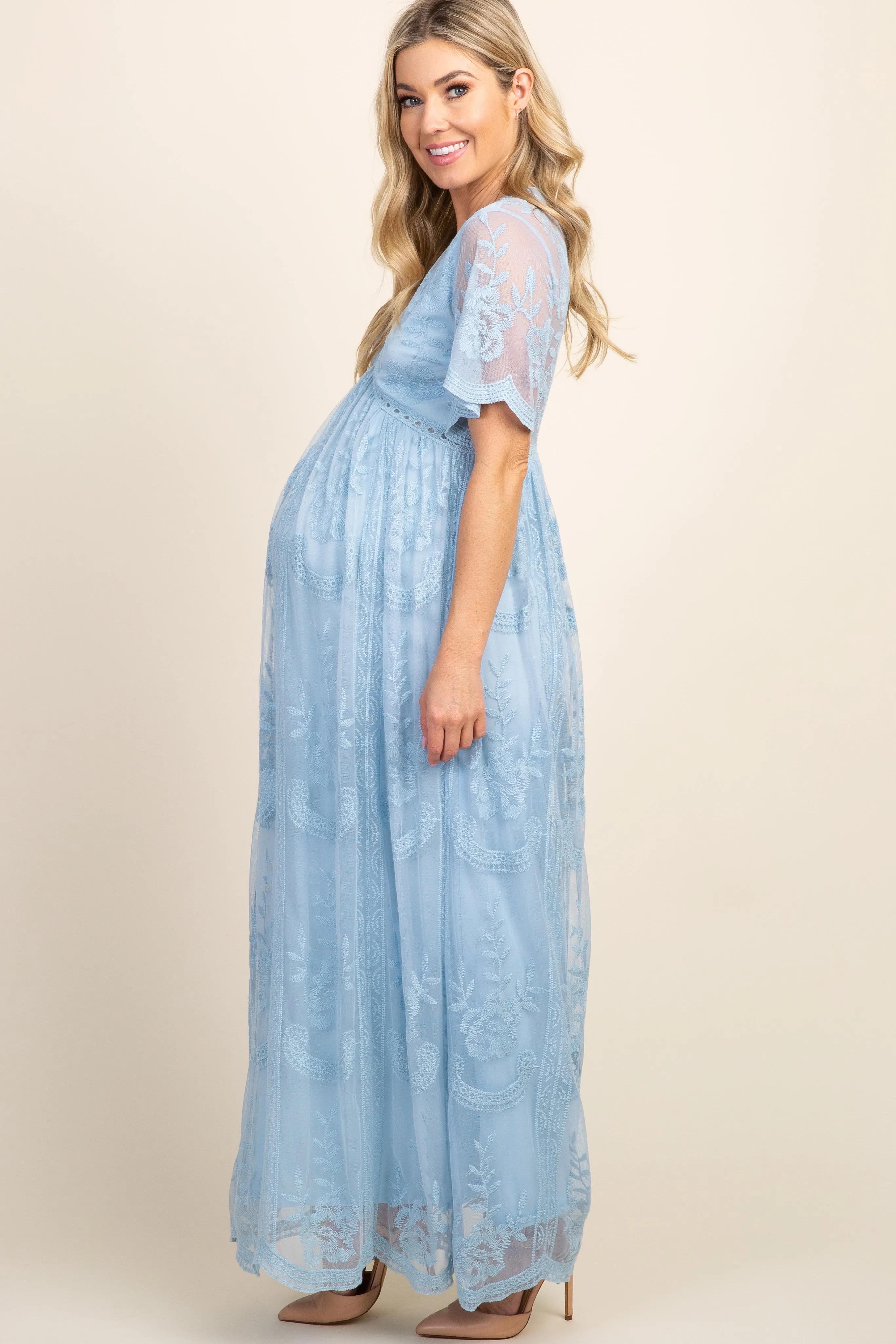 PinkBlush Light Blue Lace Mesh Overlay Maternity Maxi Dress sold by Pinkblush product image thumbnail 2