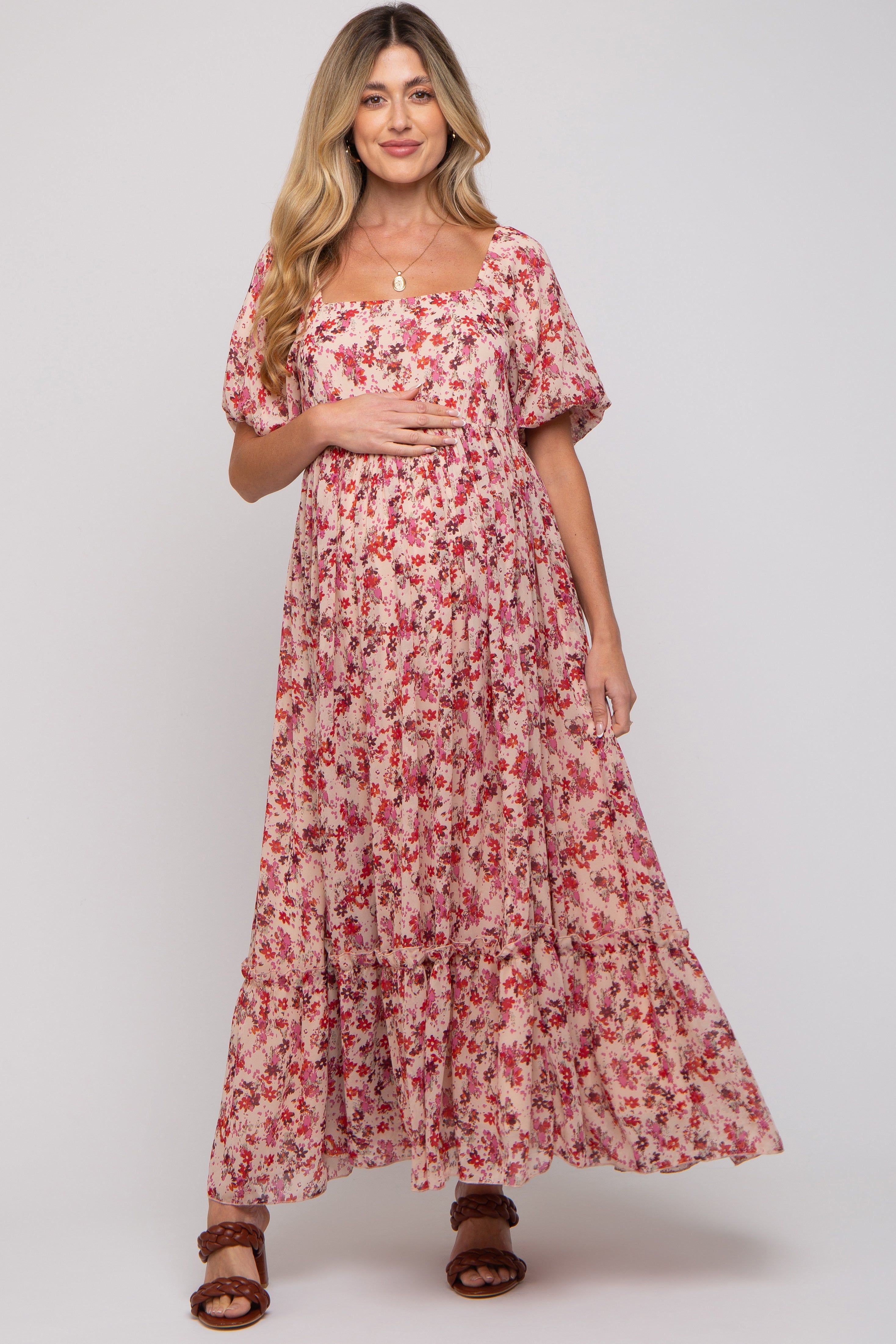Pink Floral Puff Sleeve Maternity Maxi Dress sold by Pinkblush product image thumbnail 4