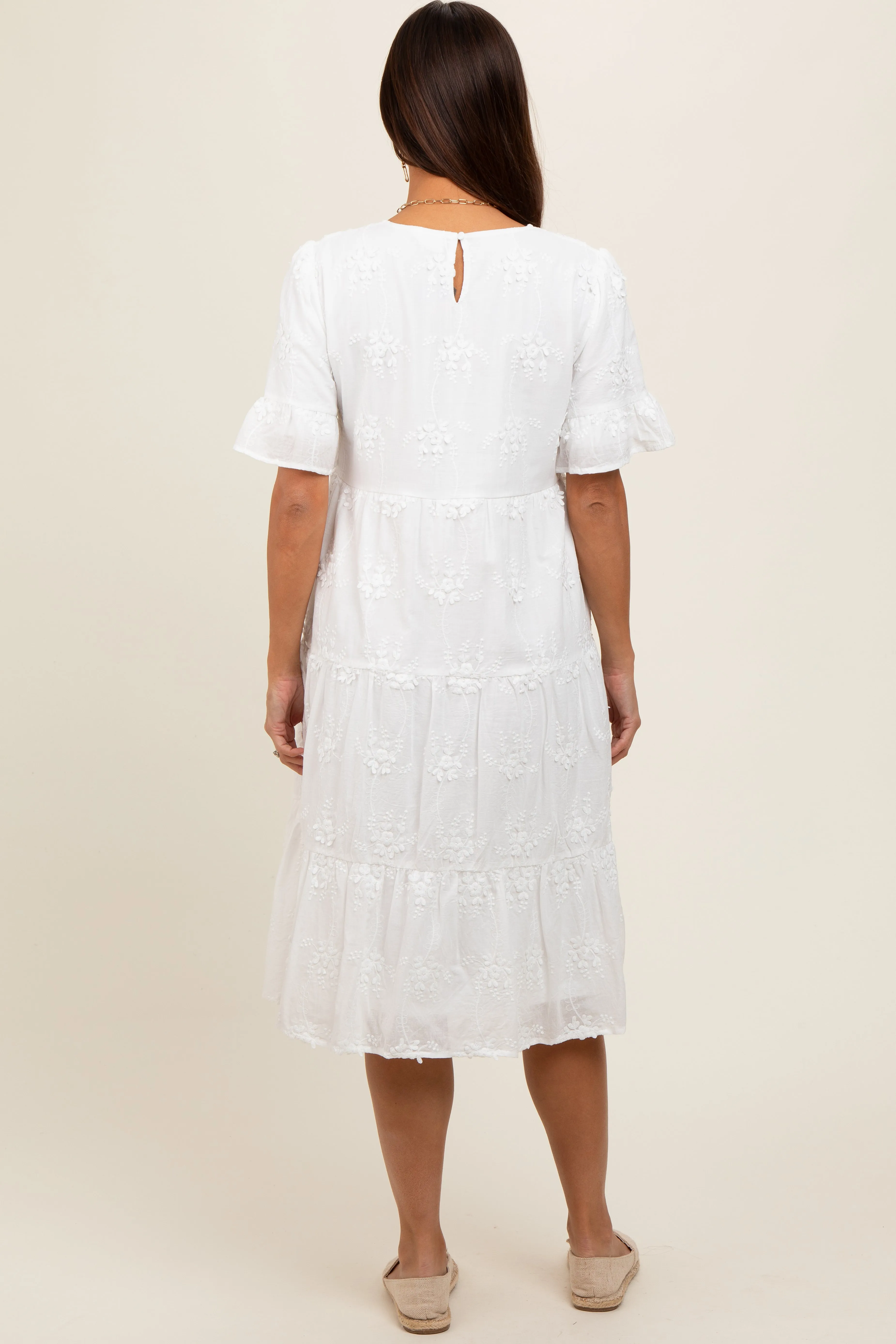 White Floral Embroidered Ruffle Short Sleeve Tiered Maternity Dress sold by Pinkblush product image thumbnail 4