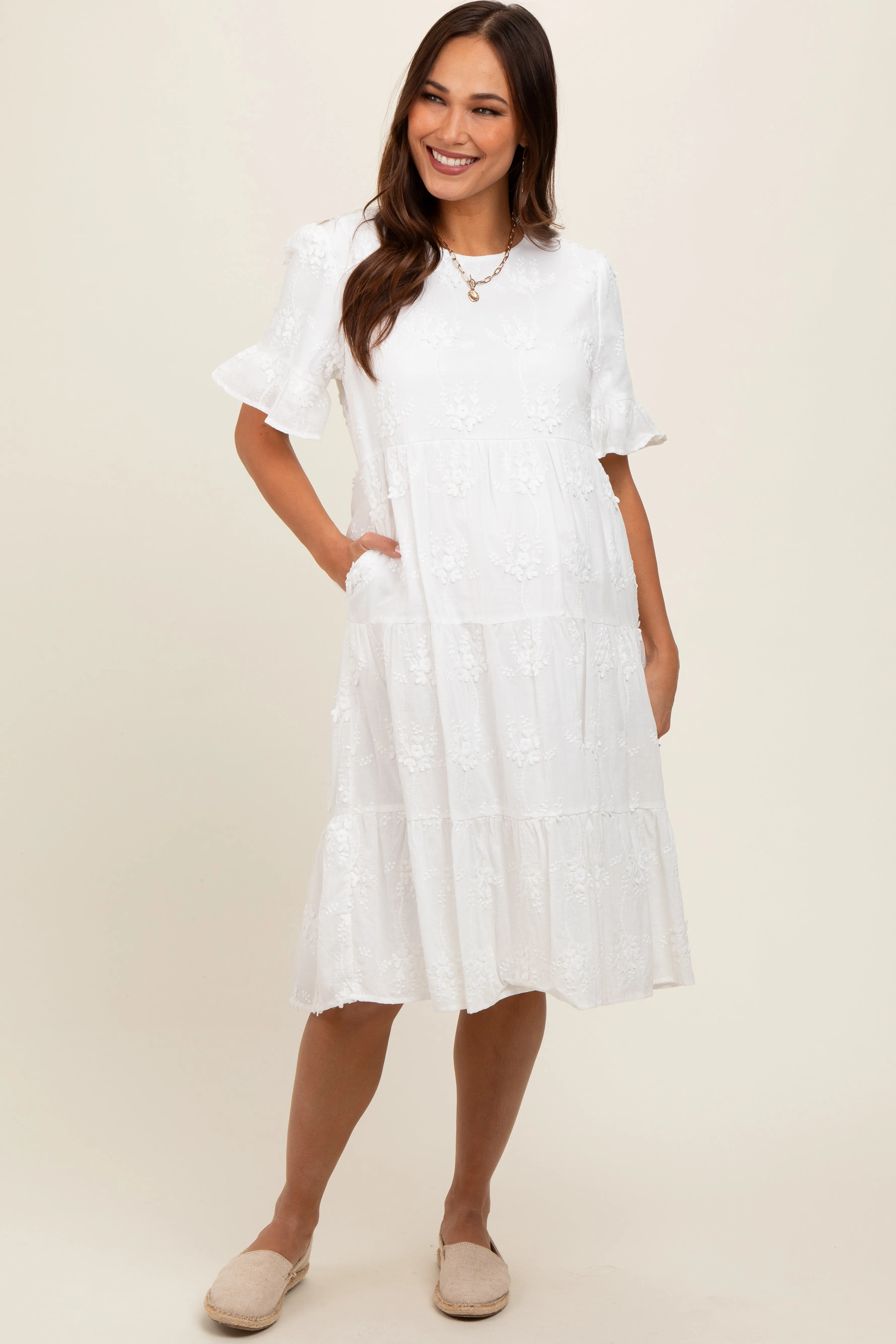 White Floral Embroidered Ruffle Short Sleeve Tiered Maternity Dress sold by Pinkblush
