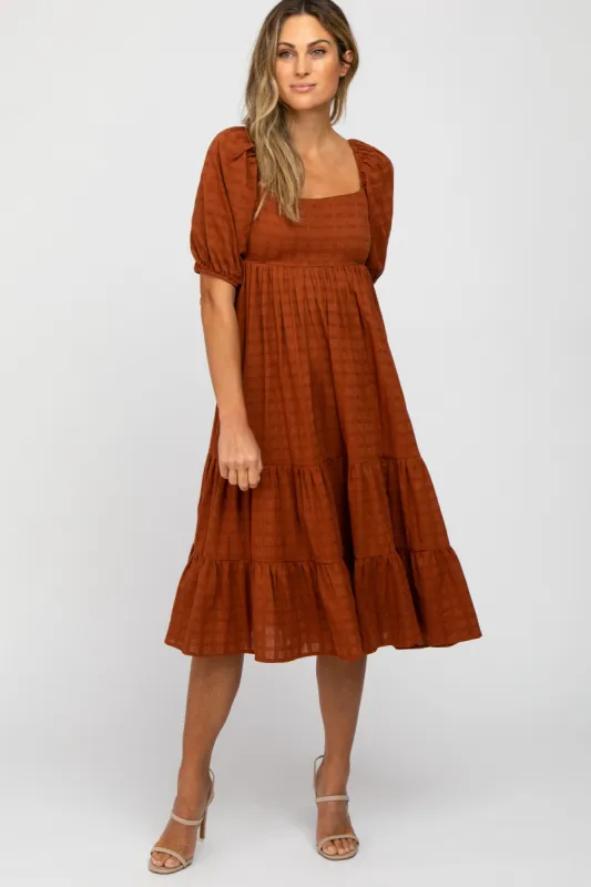 Rust Plaid Square Neck Midi Dress sold by Pinkblush