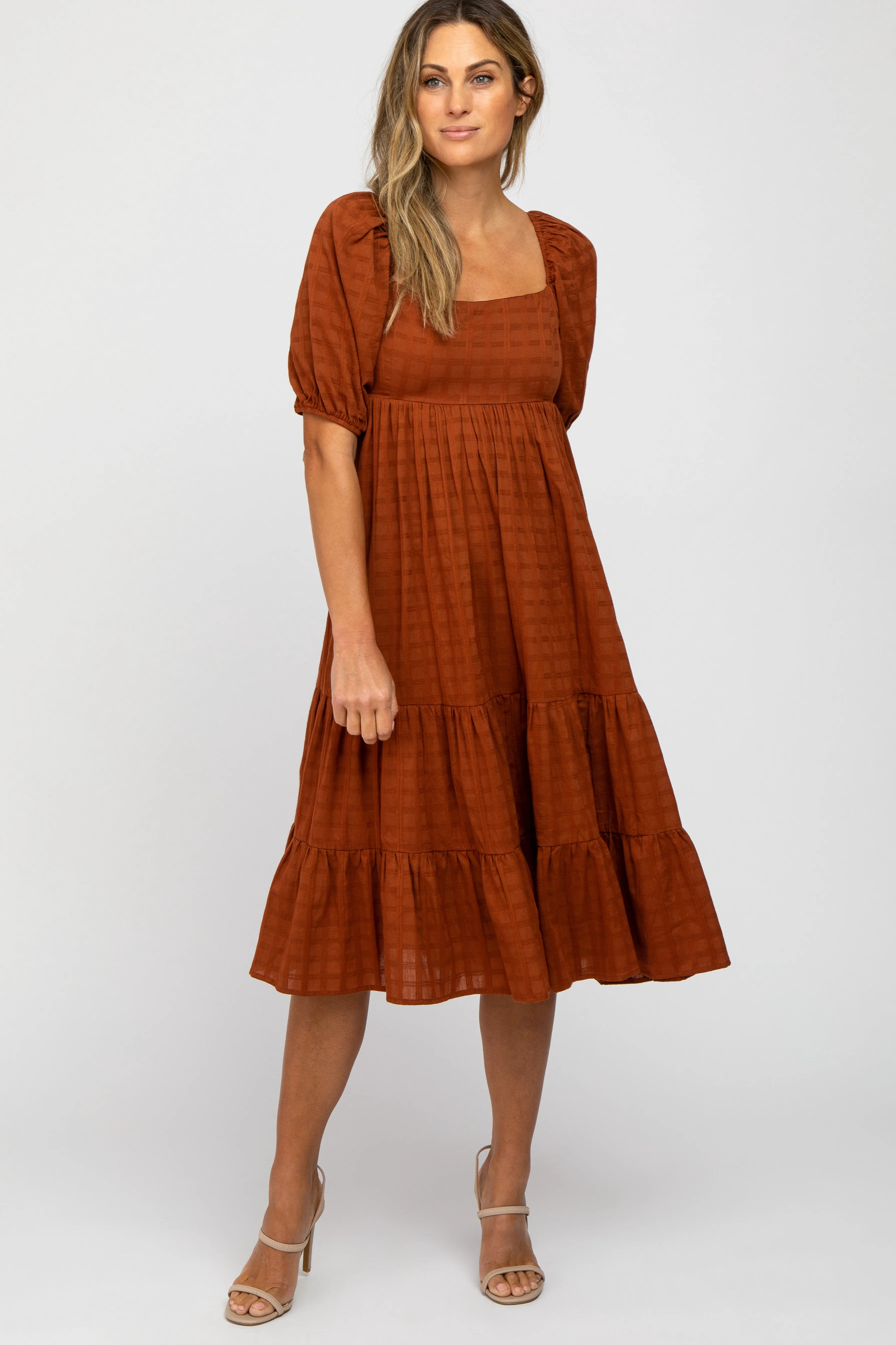 Rust Plaid Square Neck Midi Dress sold by Pinkblush
