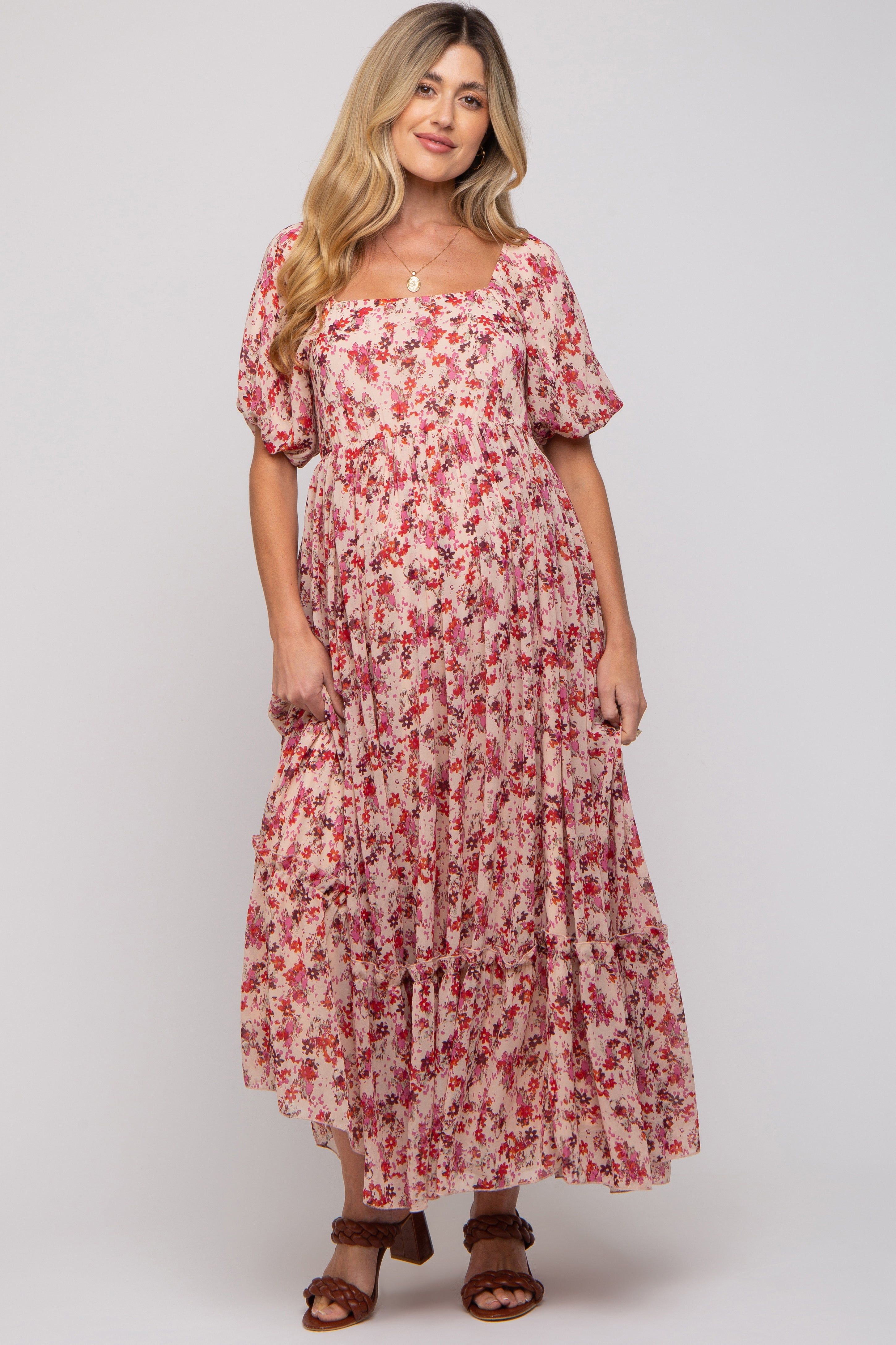 Pink Floral Puff Sleeve Maternity Maxi Dress sold by Pinkblush