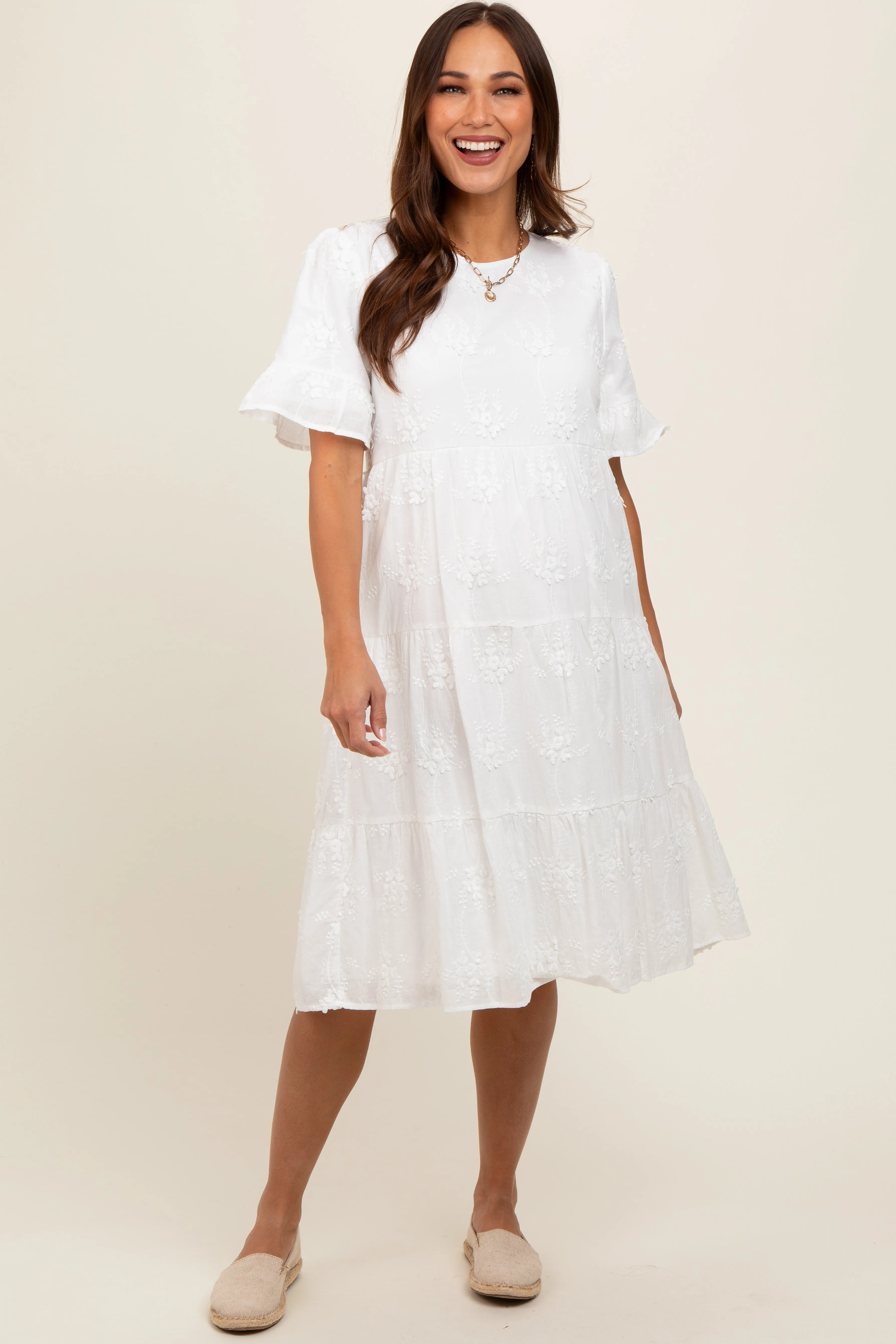 White Floral Embroidered Ruffle Short Sleeve Tiered Maternity Dress sold by Pinkblush product image thumbnail 2