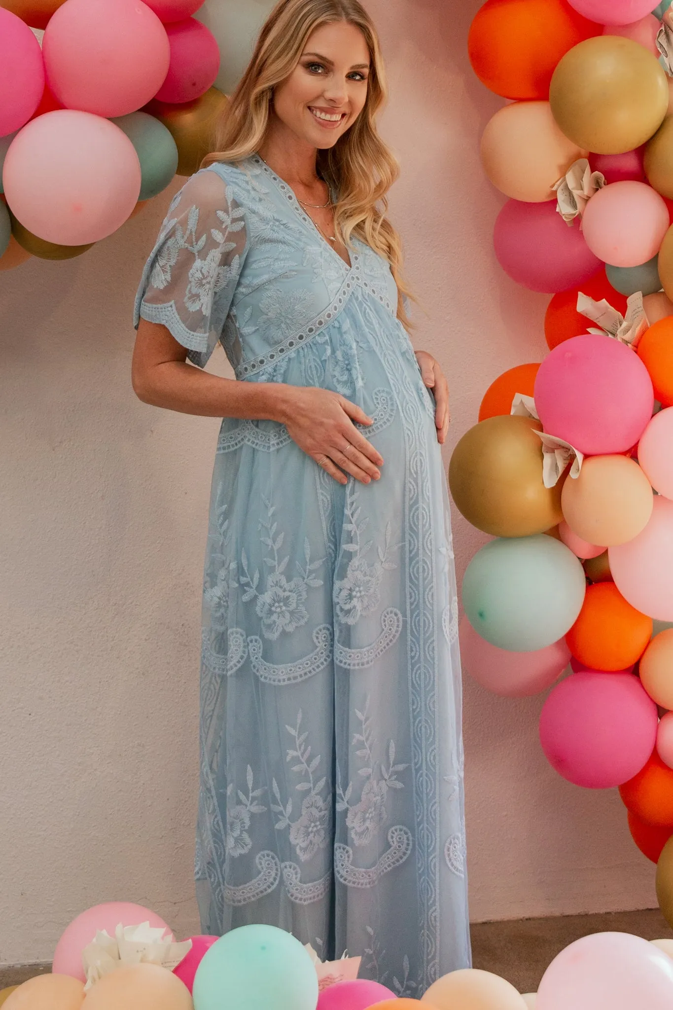 PinkBlush Light Blue Lace Mesh Overlay Maternity Maxi Dress sold by Pinkblush product image thumbnail 4