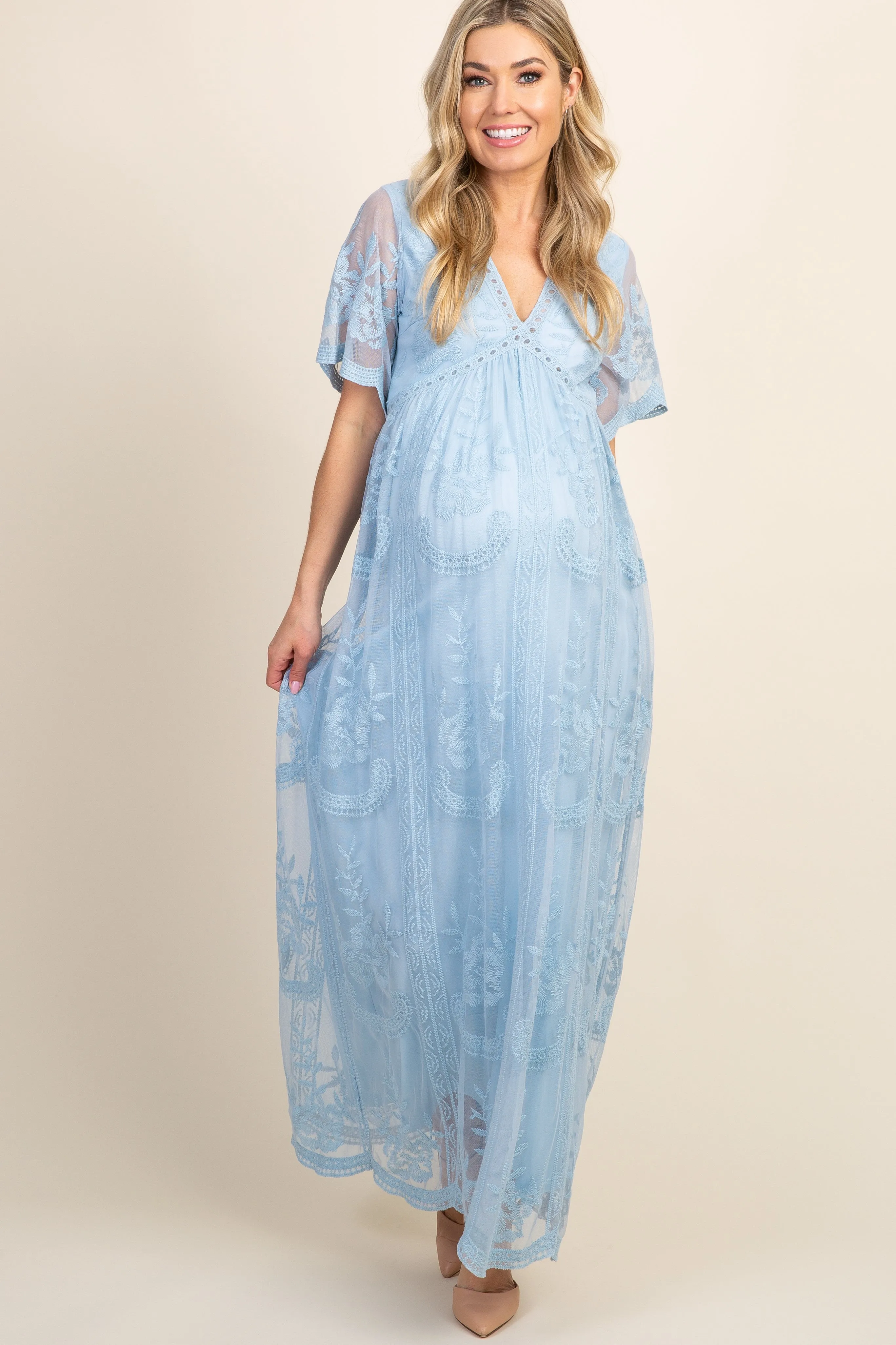 PinkBlush Light Blue Lace Mesh Overlay Maternity Maxi Dress sold by Pinkblush
