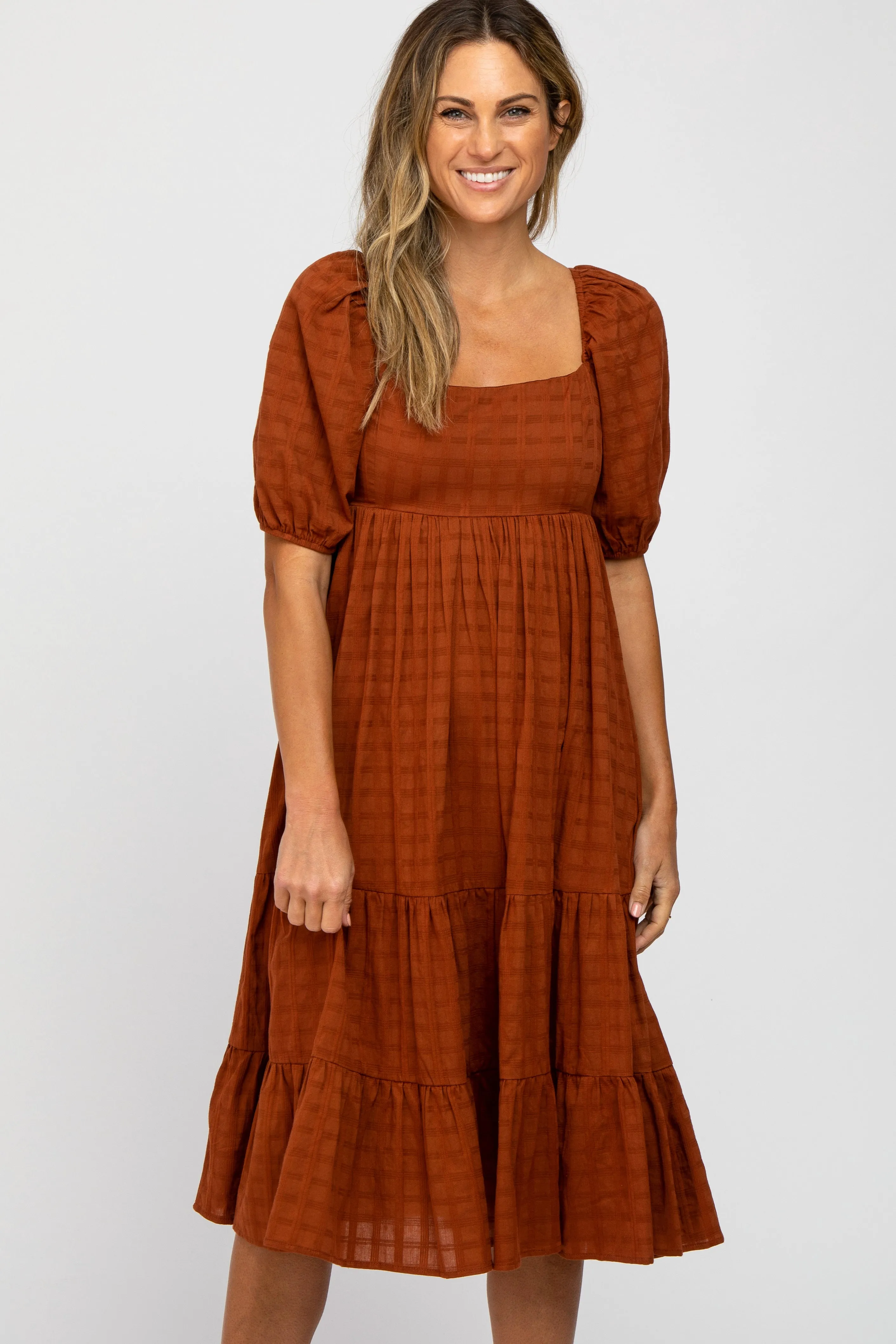 Rust Plaid Square Neck Midi Dress sold by Pinkblush product image thumbnail 2