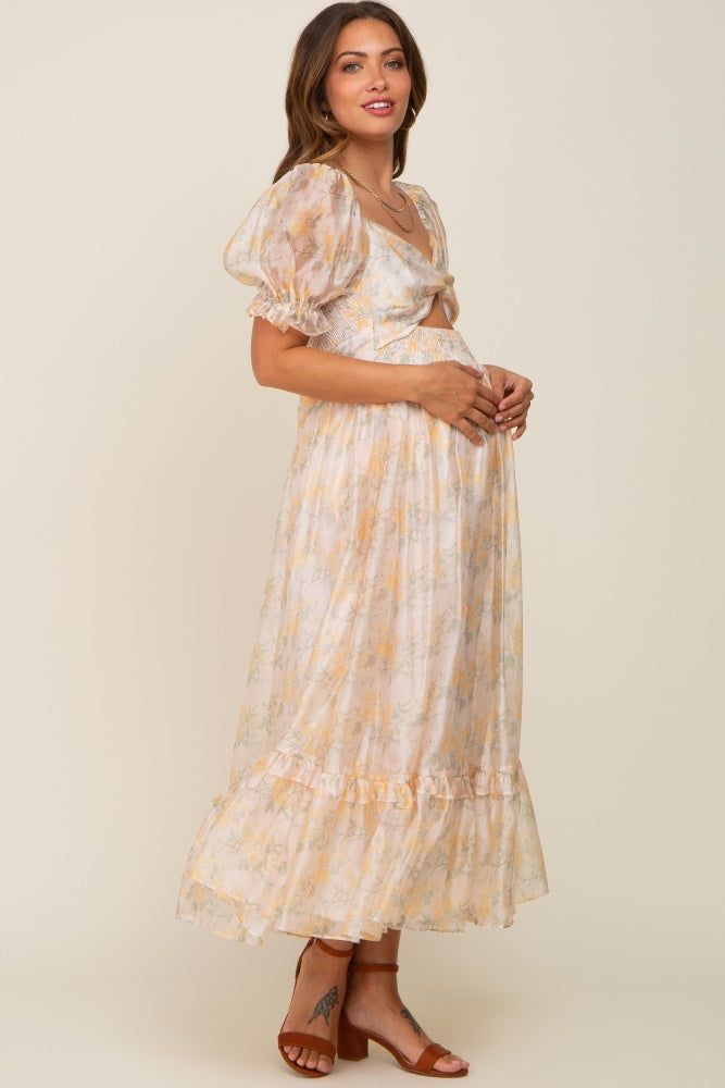 Yellow Floral Shimmer Sweetheart Neck Front Cutout Maternity Midi Dress sold by Pinkblush product image thumbnail 2