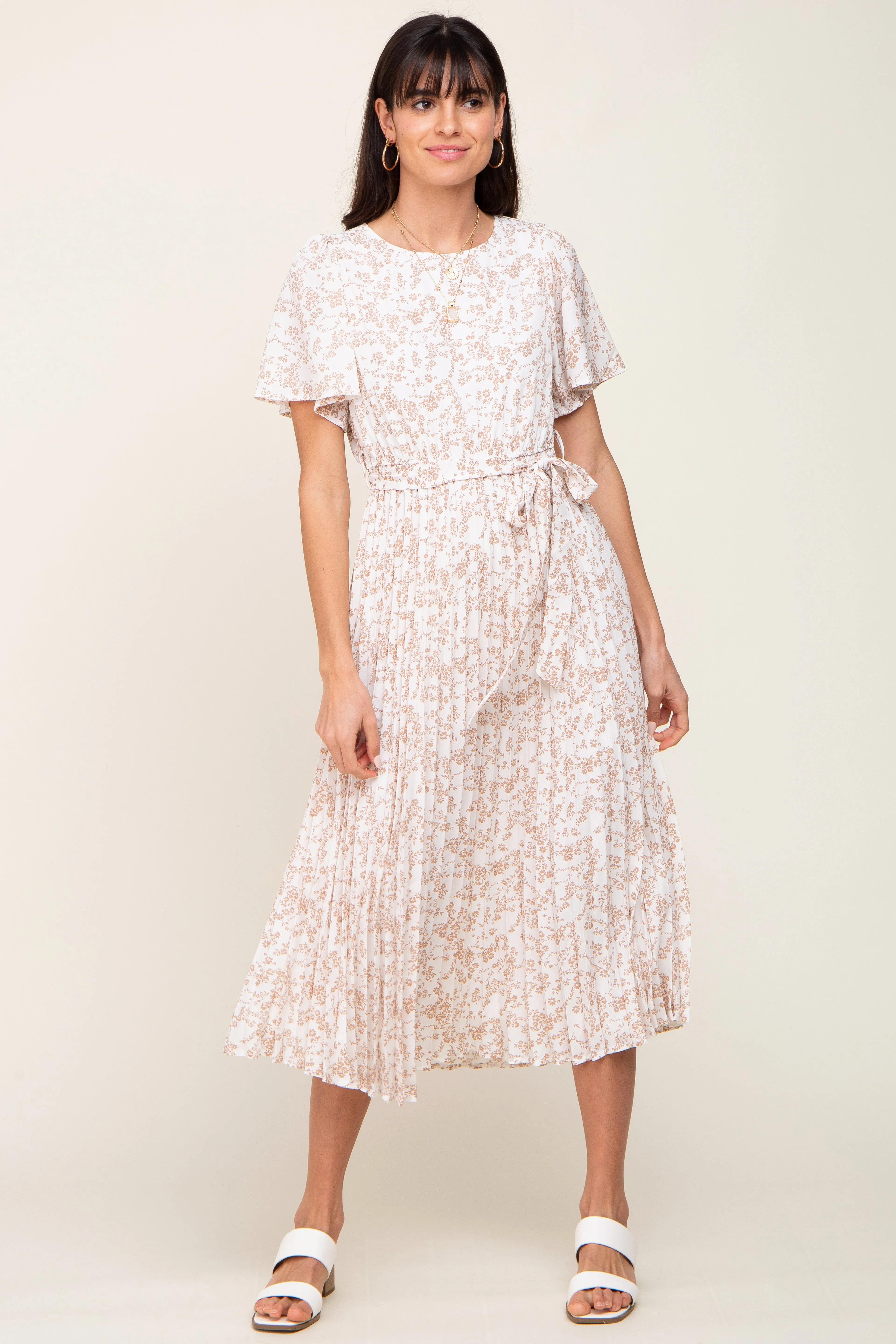Ivory Floral Pleated Maternity Midi Dress sold by Pinkblush product image thumbnail 5