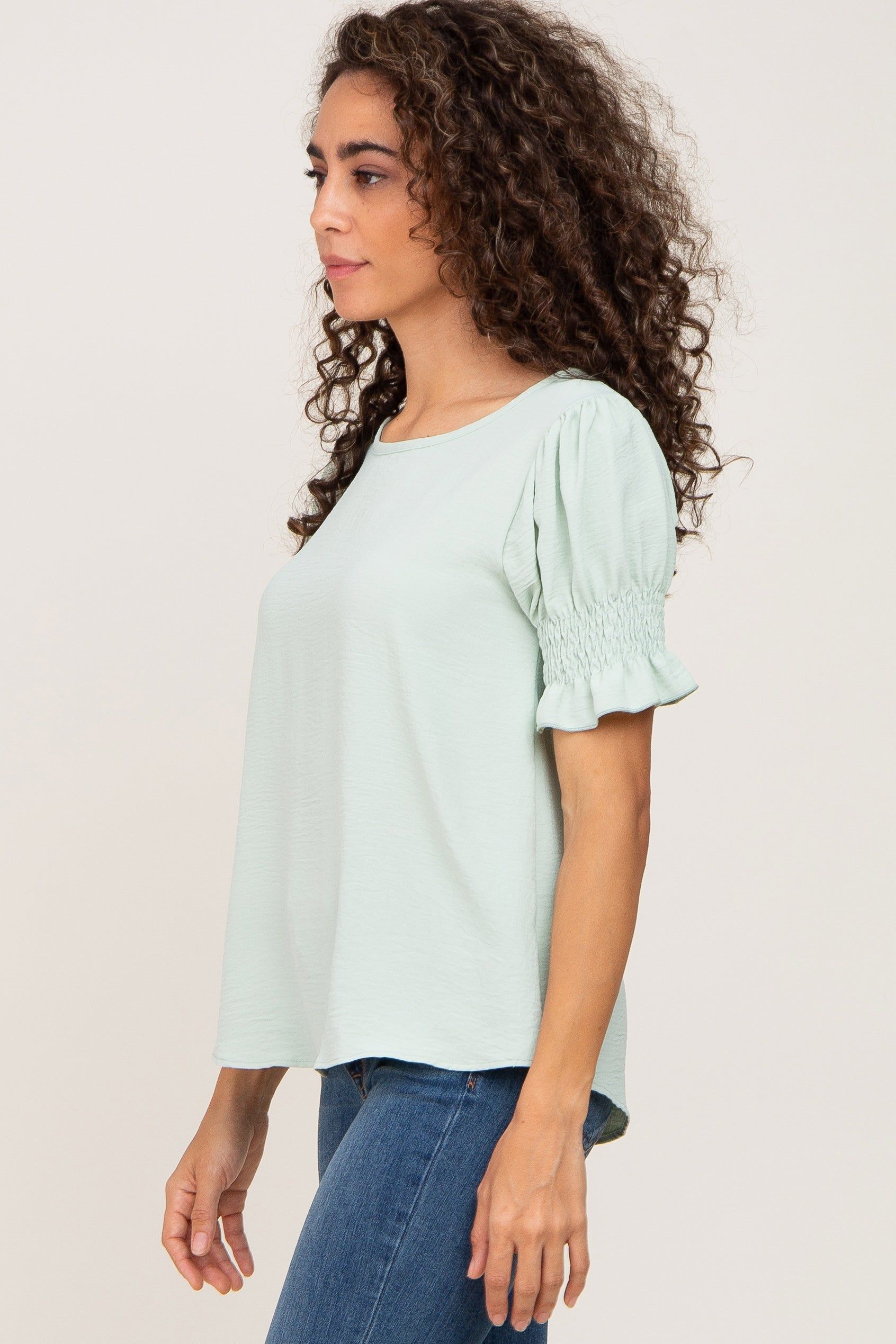 Mint Green Smocked Puff Sleeve Blouse sold by Pinkblush product image thumbnail 2