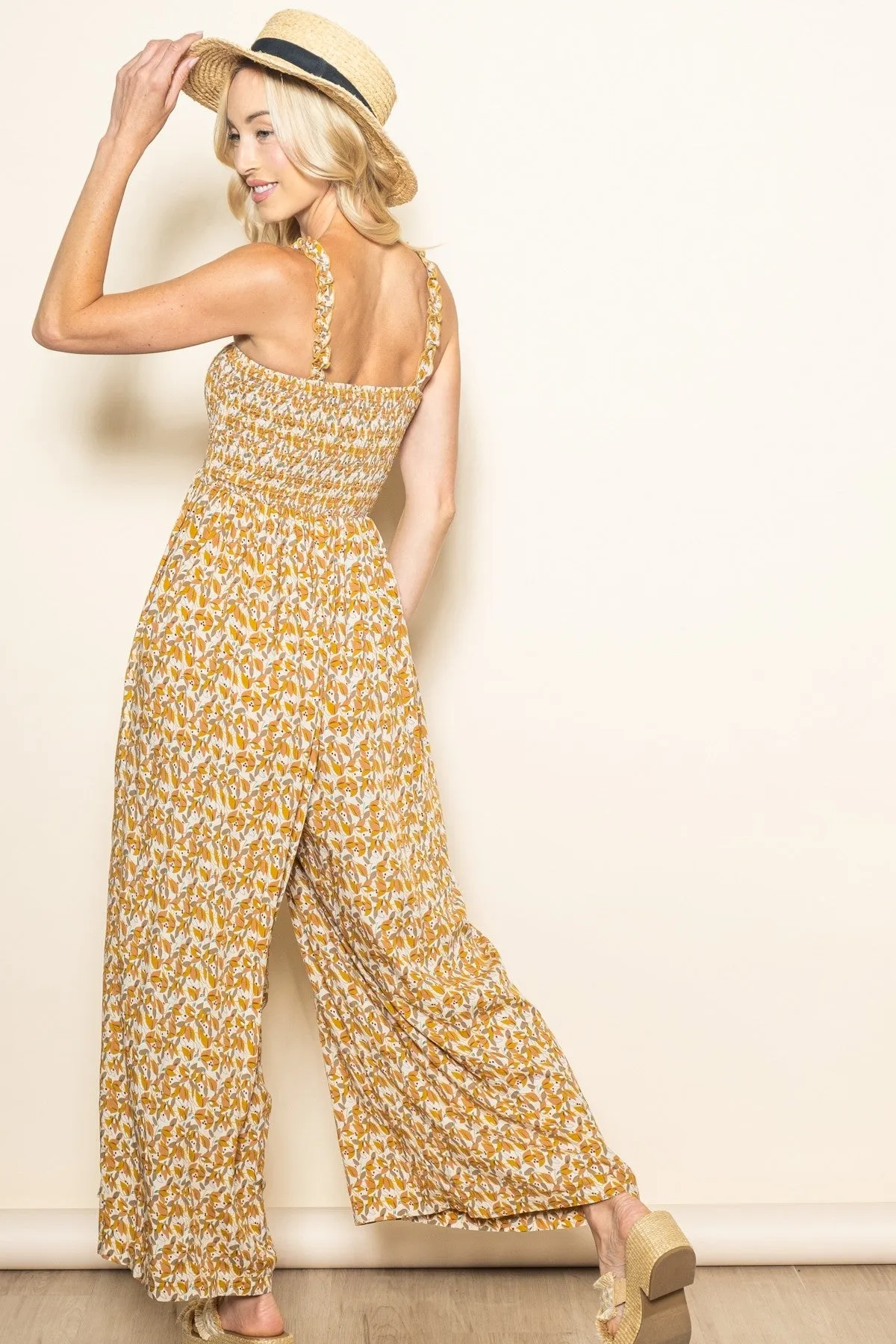 Yellow Printed Smocked Wide Leg Jumpsuit sold by Pinkblush product image thumbnail 3