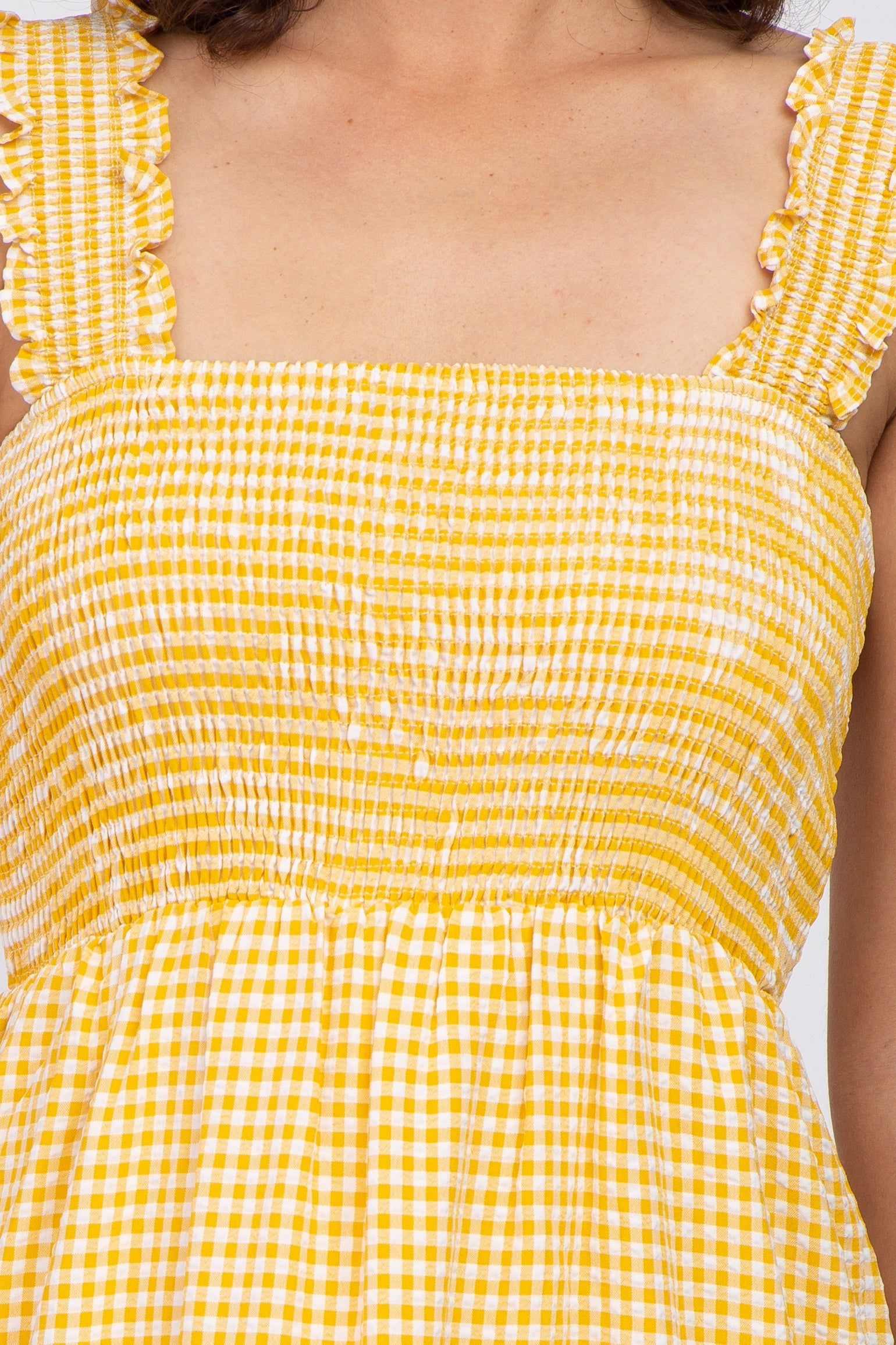 Yellow Gingham Smocked Tiered Midi Dress sold by Pinkblush product image thumbnail 4