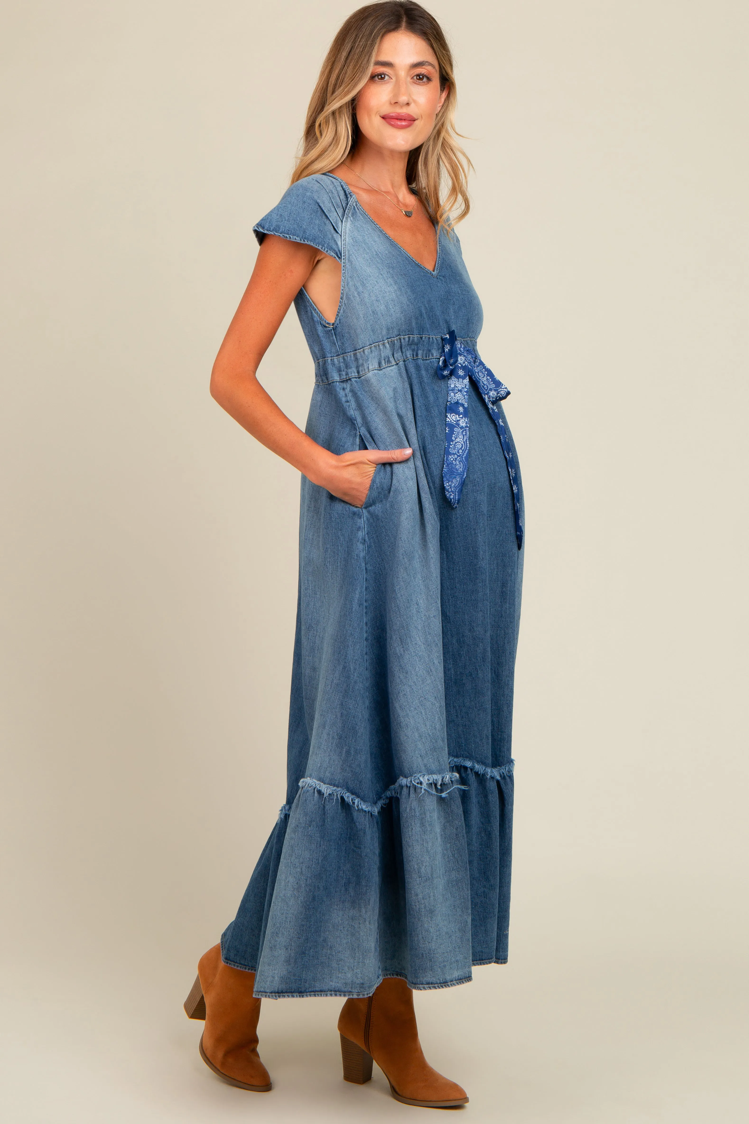 Blue Denim Sash Waist Maternity Maxi Dress sold by Pinkblush product image thumbnail 2
