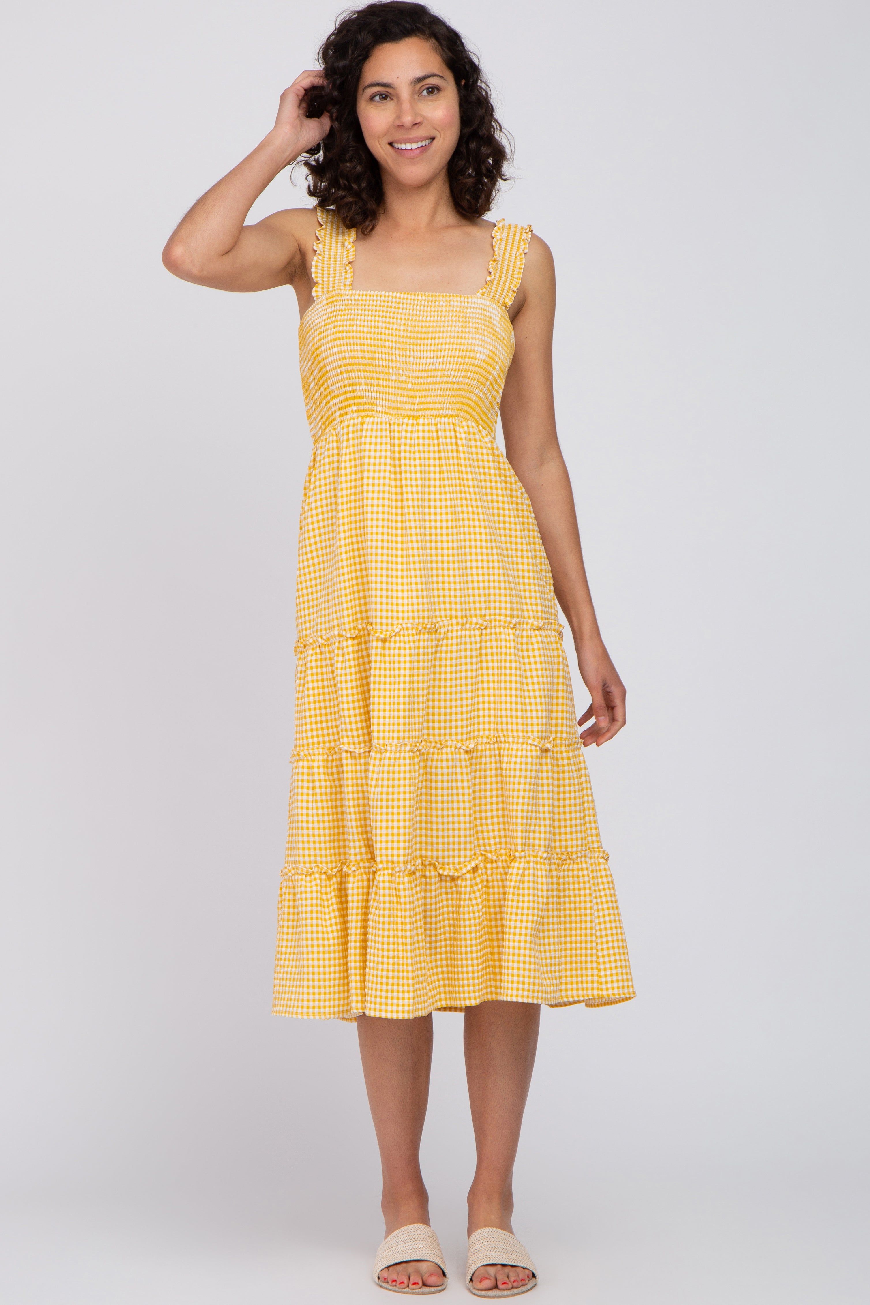 Yellow Gingham Smocked Tiered Midi Dress sold by Pinkblush