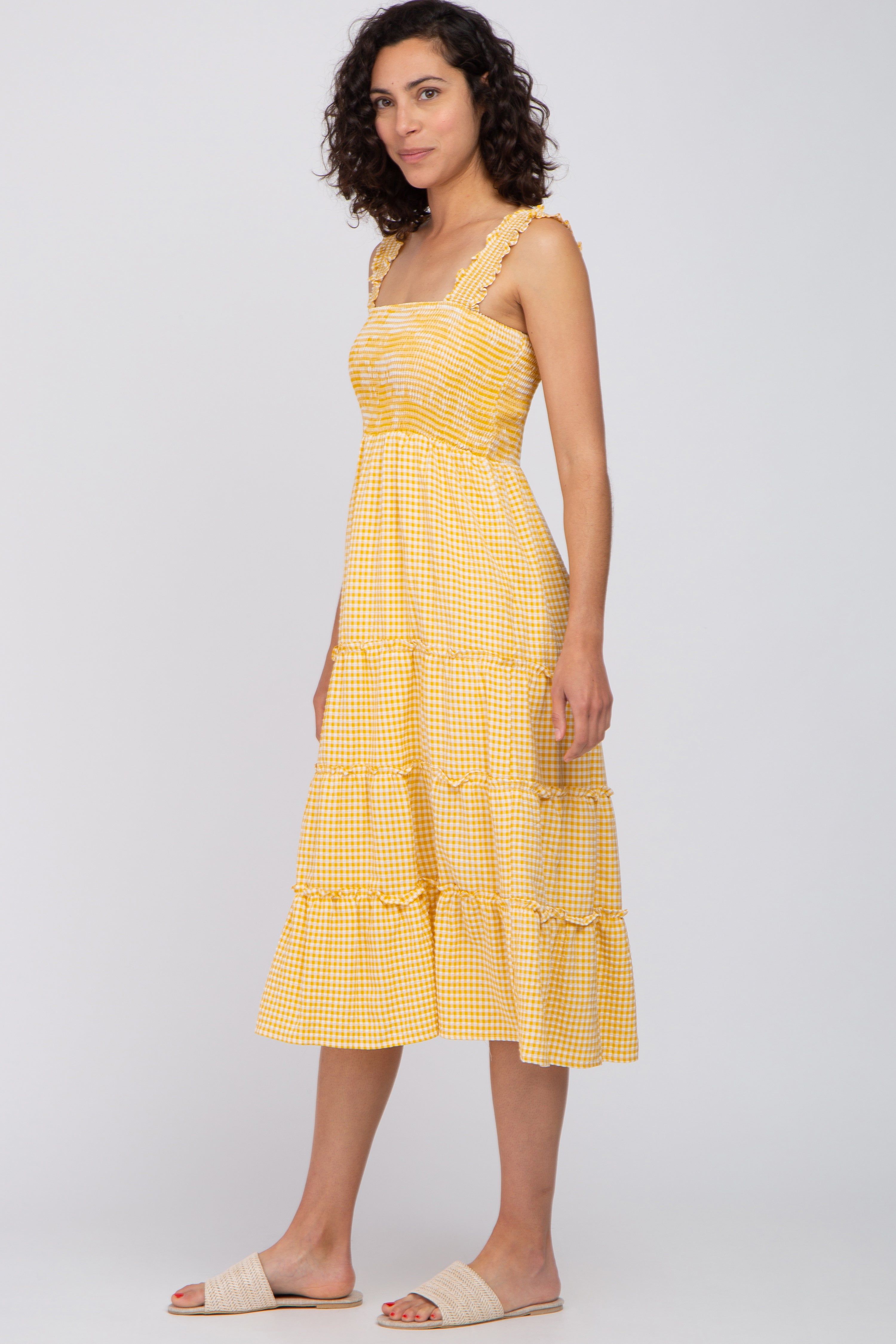 Yellow Gingham Smocked Tiered Midi Dress sold by Pinkblush product image thumbnail 2