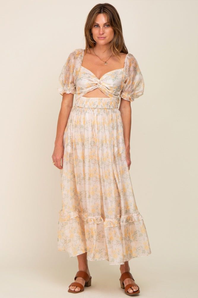 Yellow Floral Shimmer Sweetheart Neck Front Cutout Maternity Midi Dress sold by Pinkblush product image thumbnail 4