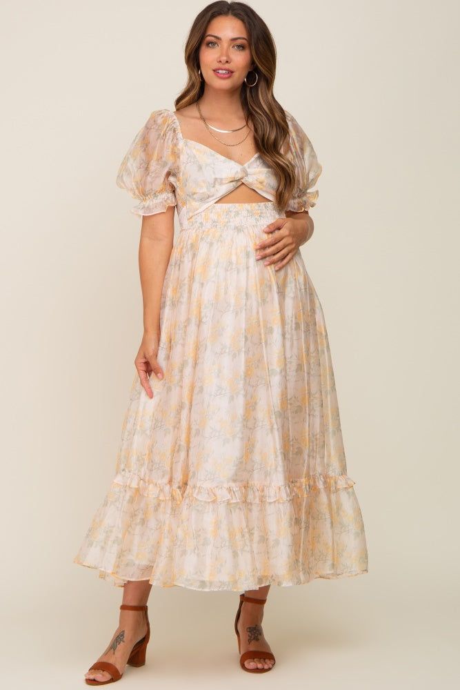 Yellow Floral Shimmer Sweetheart Neck Front Cutout Maternity Midi Dress sold by Pinkblush