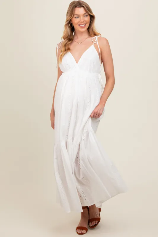 Ivory Floral Eyelet Shoulder Tie Maternity Dress sold by Pinkblush