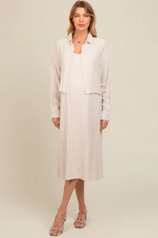 Beige Linen Cropped Shirt Midi Dress Maternity Set sold by Pinkblush