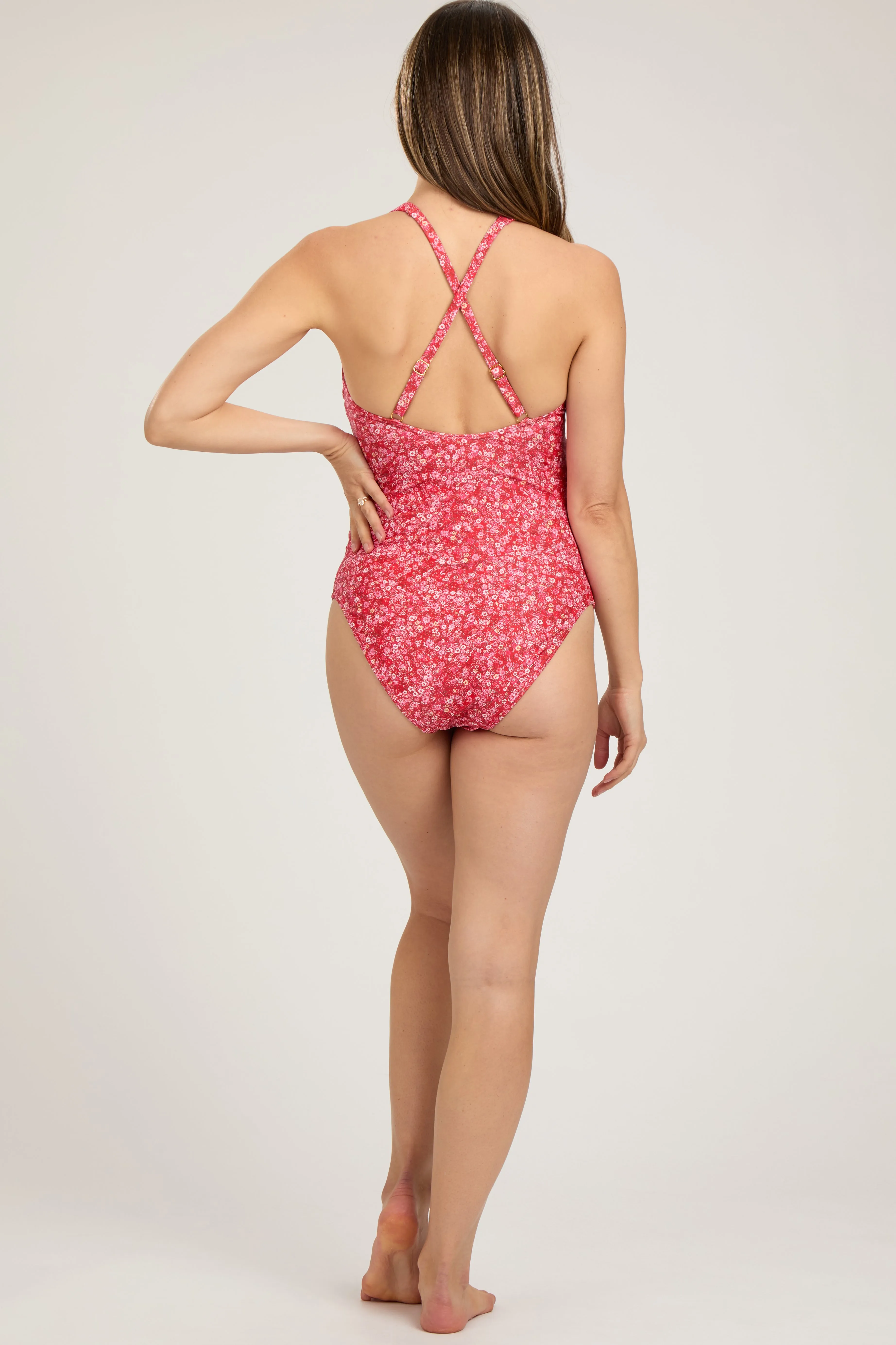 Rust Floral Tie Front V-Neck Criss Cross Back One-Piece Maternity Swimsuit sold by Pinkblush product image thumbnail 4