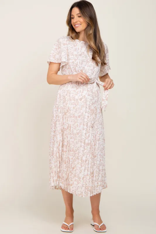 Ivory Floral Pleated Maternity Midi Dress sold by Pinkblush