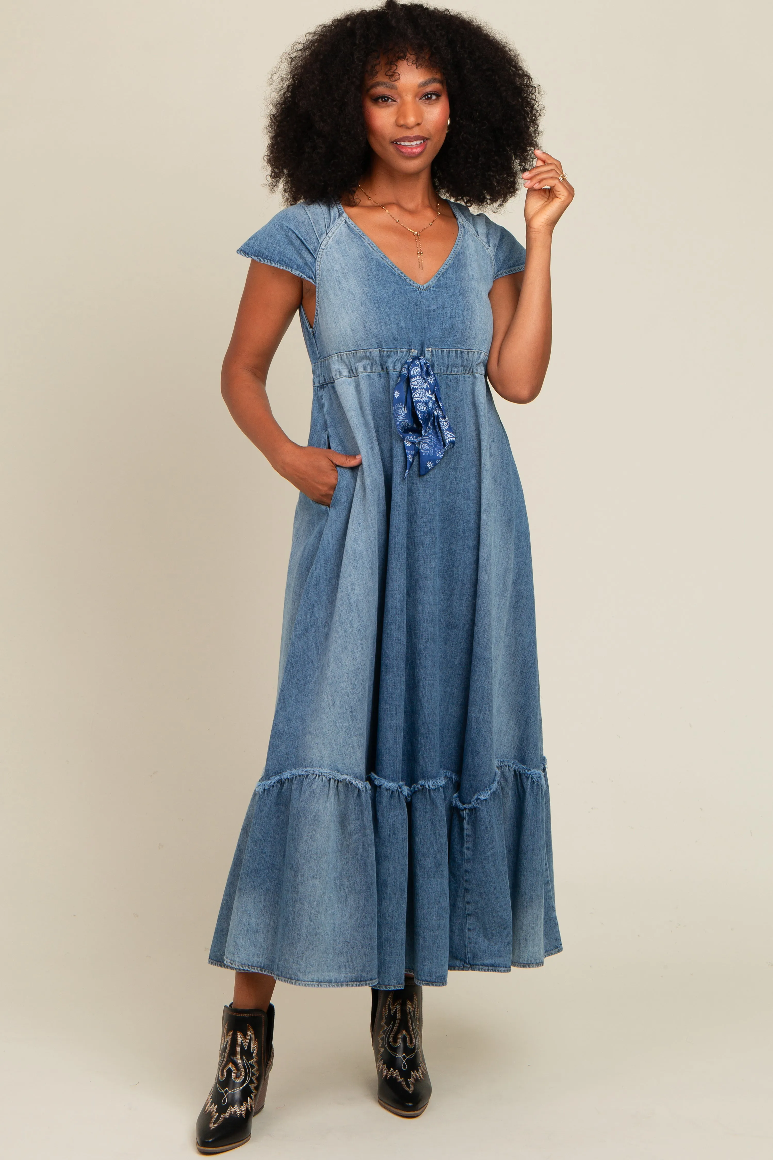 Blue Denim Sash Waist Maternity Maxi Dress sold by Pinkblush product image thumbnail 4
