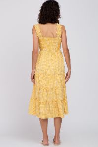 Yellow Gingham Smocked Tiered Midi Dress sold by Pinkblush