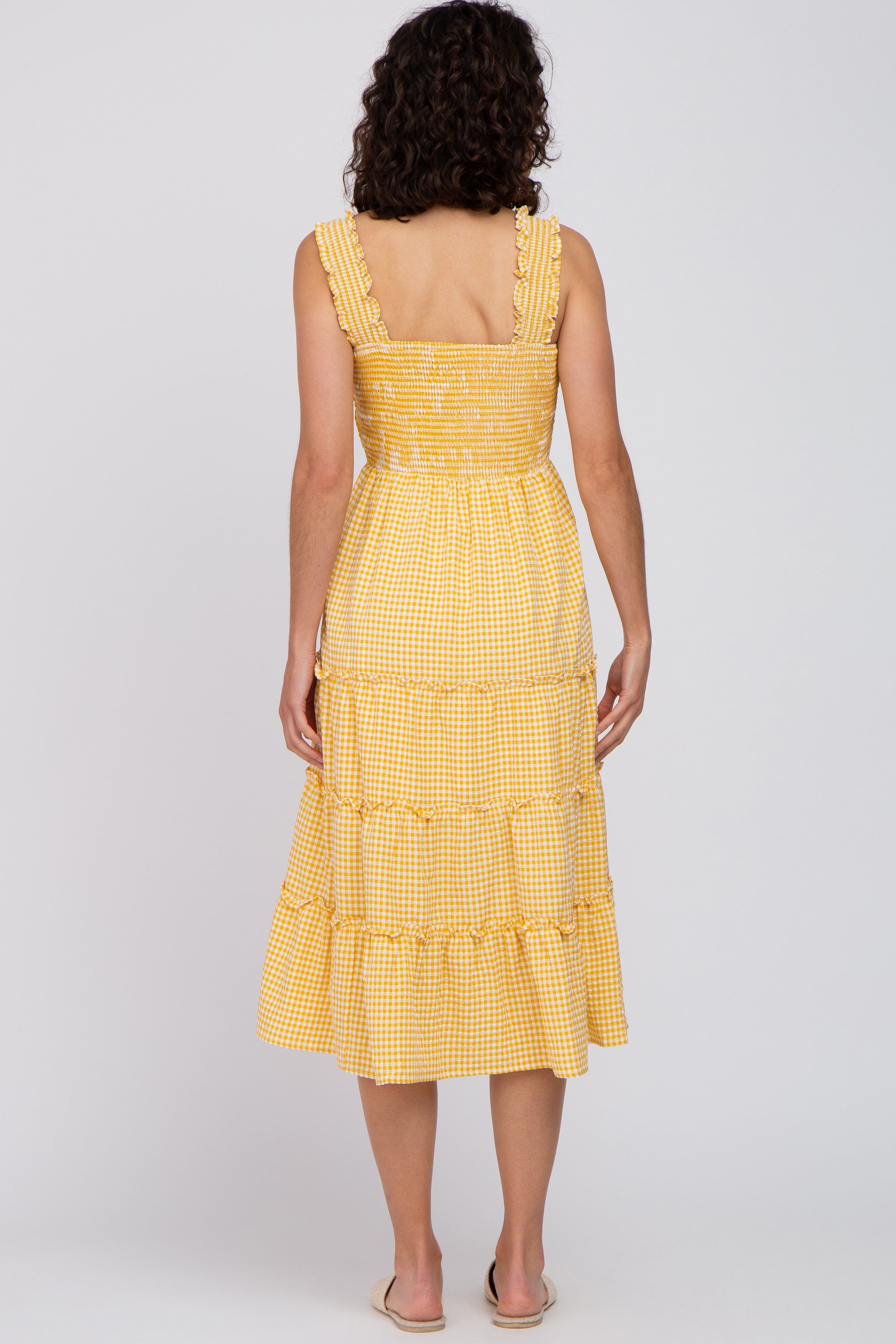 Yellow Gingham Smocked Tiered Midi Dress sold by Pinkblush product image thumbnail 3