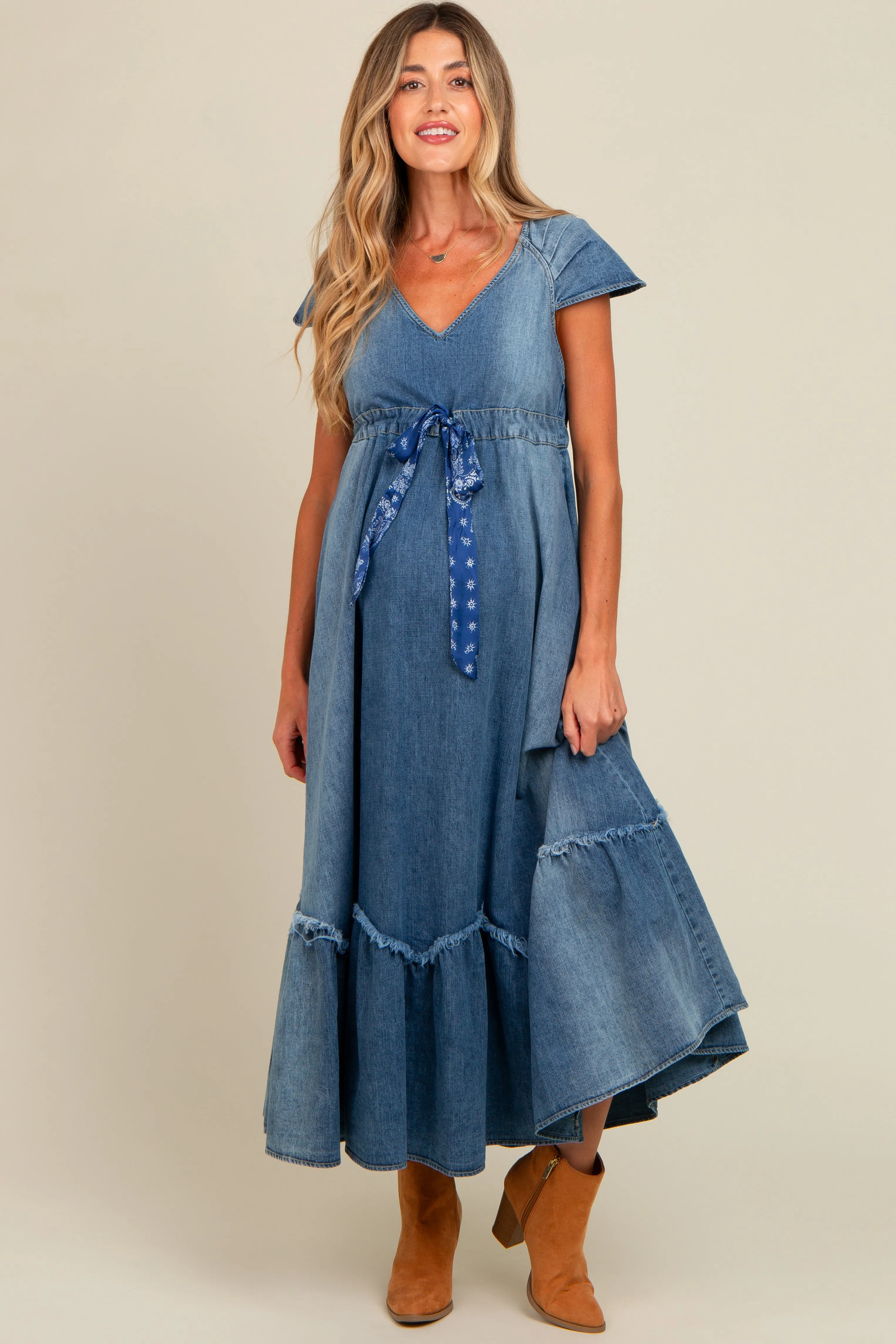 Blue Denim Sash Waist Maternity Maxi Dress sold by Pinkblush