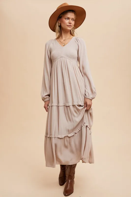 Beige Smocked V-Neck Ruffle Tiered Maxi Dress sold by Pinkblush